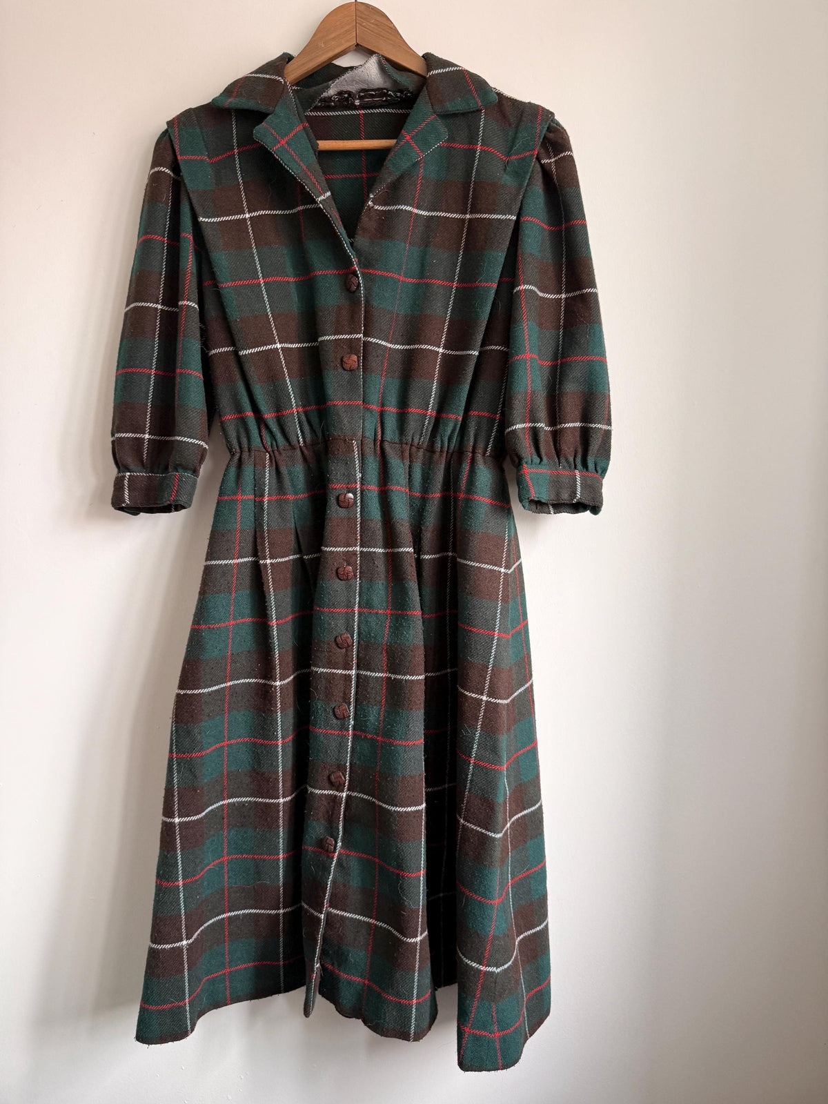 Vintage 1950s Tartan Wool Blend Midi Dress | Green & Brown Plaid Button Front Dress | Cottagecore Autumn Dress | UK 10-12
