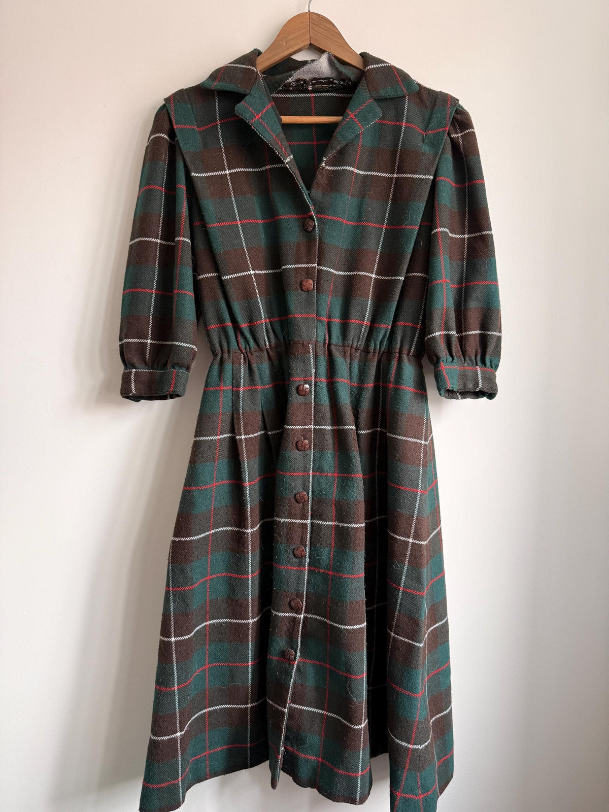 Vintage 1950s Tartan Wool Blend Midi Dress | Green & Brown Plaid Button Front Dress | Cottagecore Autumn Dress | UK 10-12
