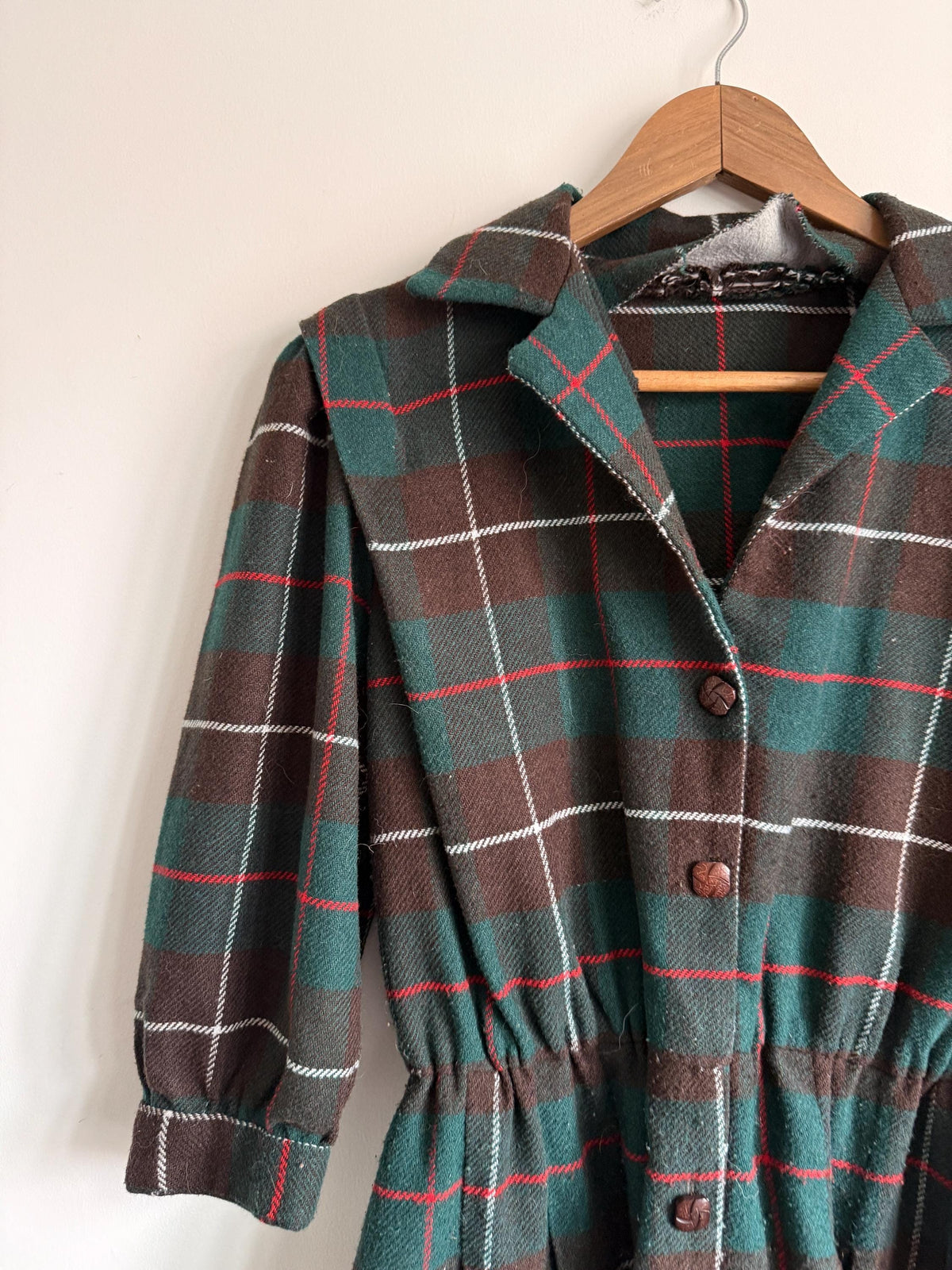 Vintage 1950s Tartan Wool Blend Midi Dress | Green & Brown Plaid Button Front Dress | Cottagecore Autumn Dress | UK 10-12