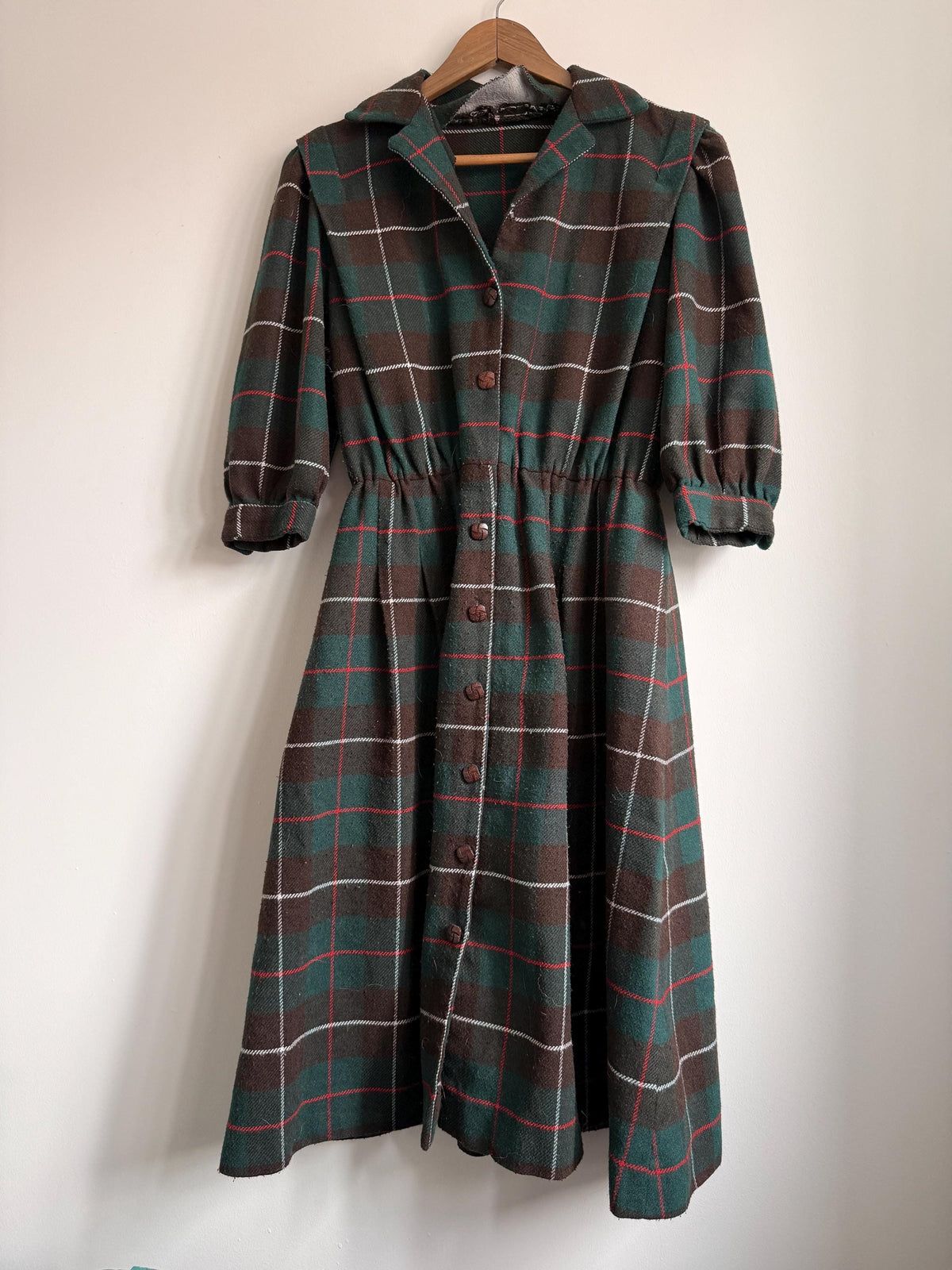 Vintage 1950s Tartan Wool Blend Midi Dress | Green & Brown Plaid Button Front Dress | Cottagecore Autumn Dress | UK 10-12