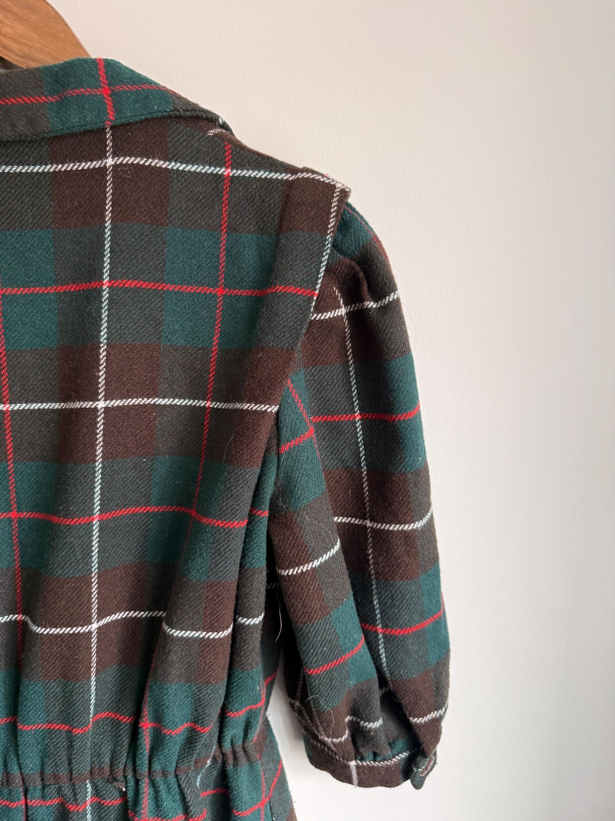 Vintage 1950s Tartan Wool Blend Midi Dress | Green & Brown Plaid Button Front Dress | Cottagecore Autumn Dress | UK 10-12
