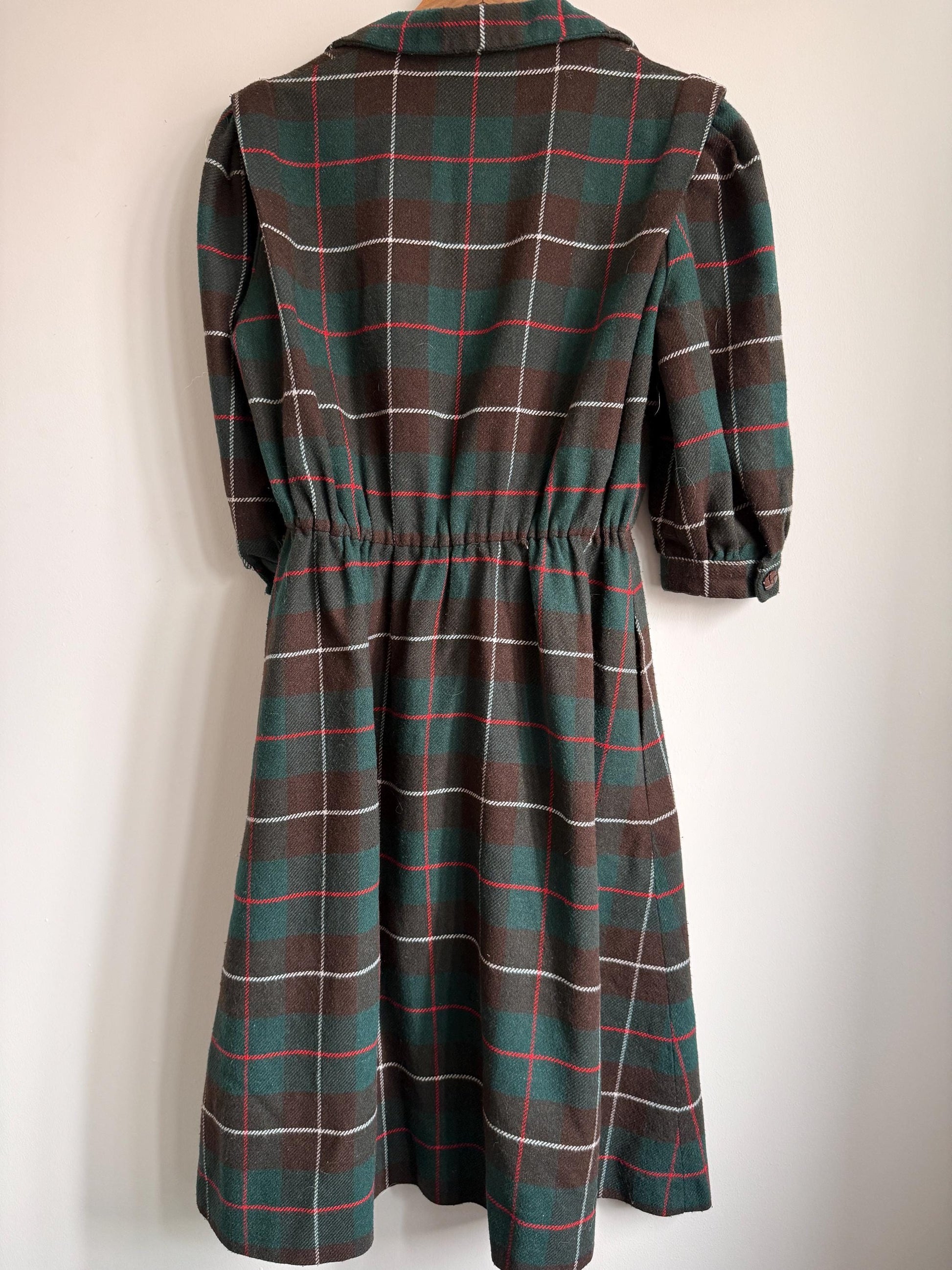 Vintage 1950s Tartan Wool Blend Midi Dress | Green & Brown Plaid Button Front Dress | Cottagecore Autumn Dress | UK 10-12