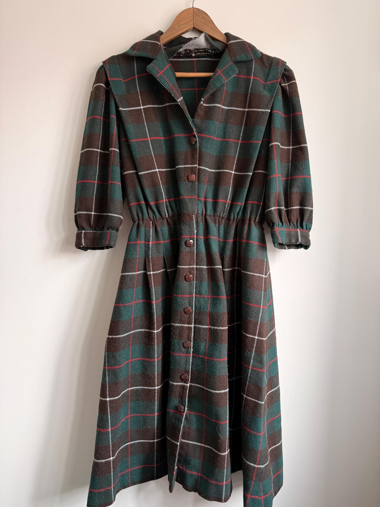 Vintage 1950s Tartan Wool Blend Midi Dress | Green & Brown Plaid Button Front Dress | Cottagecore Autumn Dress | UK 10-12