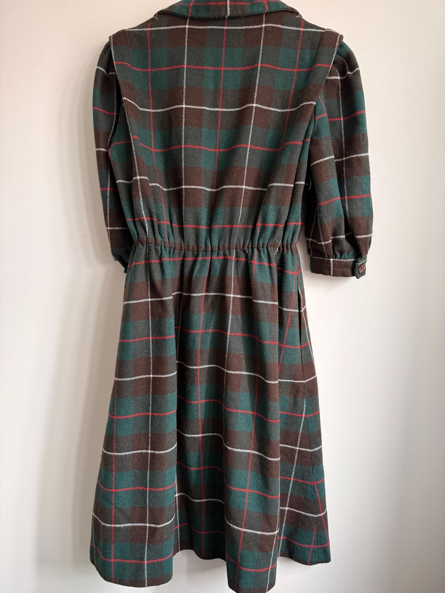 Vintage 1950s Tartan Wool Blend Midi Dress | Green & Brown Plaid Button Front Dress | Cottagecore Autumn Dress | UK 10-12