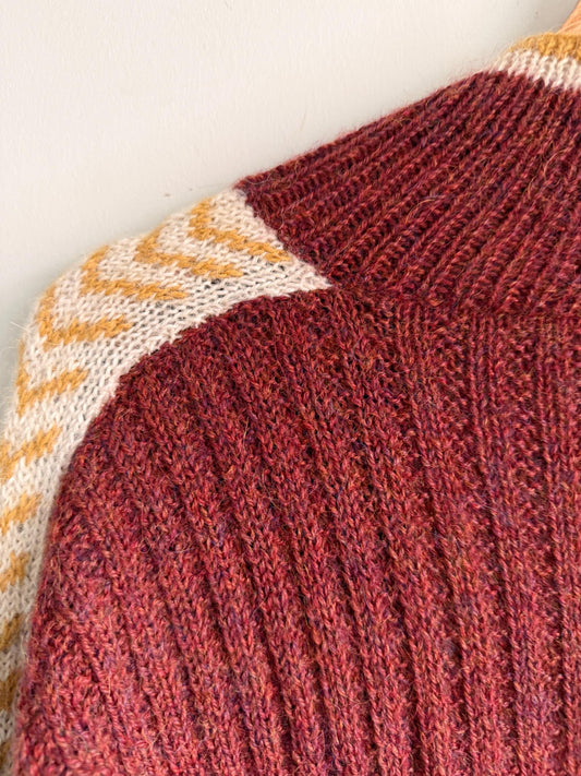 Vintage 1950s Wool Zip Cardigan – Burgundy Ski Sweater – Contrast Stripe Chunky Knit Jacket – Unisex