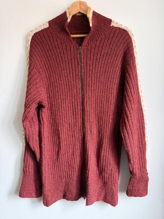 Vintage 1950s Wool Zip Cardigan – Burgundy Ski Sweater – Contrast Stripe Chunky Knit Jacket – Unisex