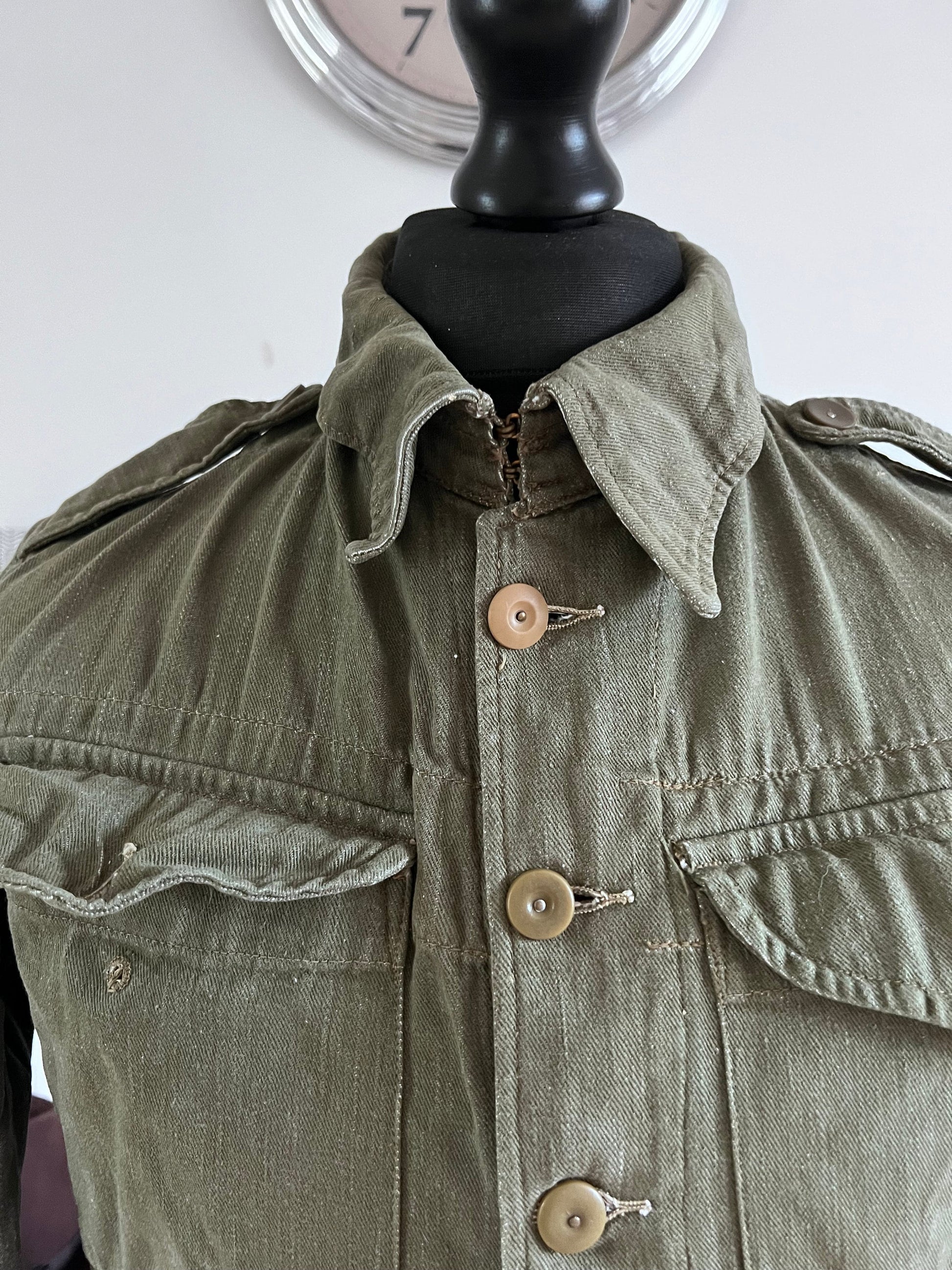 Vintage 1952 British Army Royal Marines Military Overalls Denim Blouse Olive Green Jacket S/M