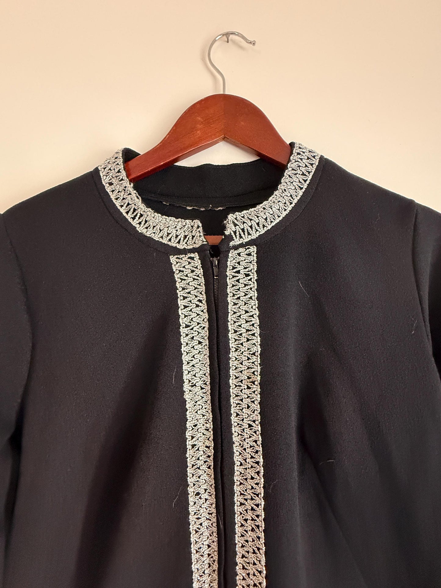 Vintage 1960s 1970s Black Maxi Dress | Silver Braid Trim Mod Evening Hostess Dress Kaftan