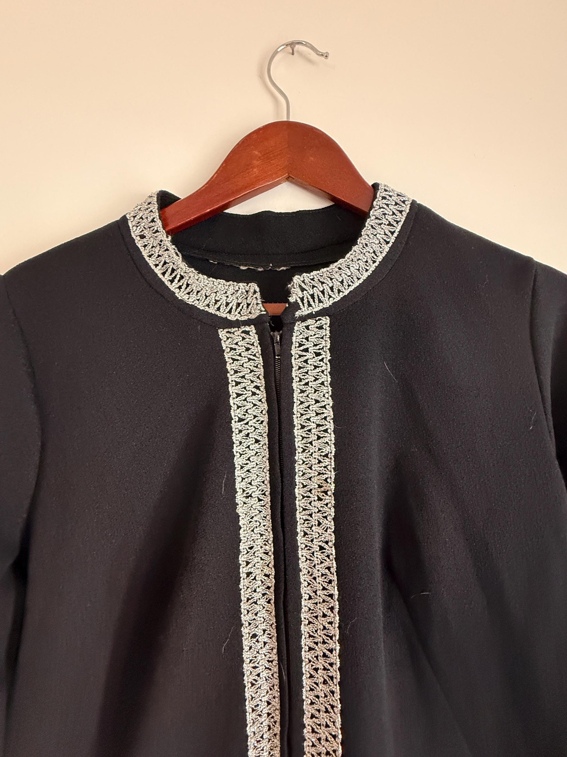 Vintage 1960s 1970s Black Maxi Dress | Silver Braid Trim Mod Evening Hostess Dress Kaftan