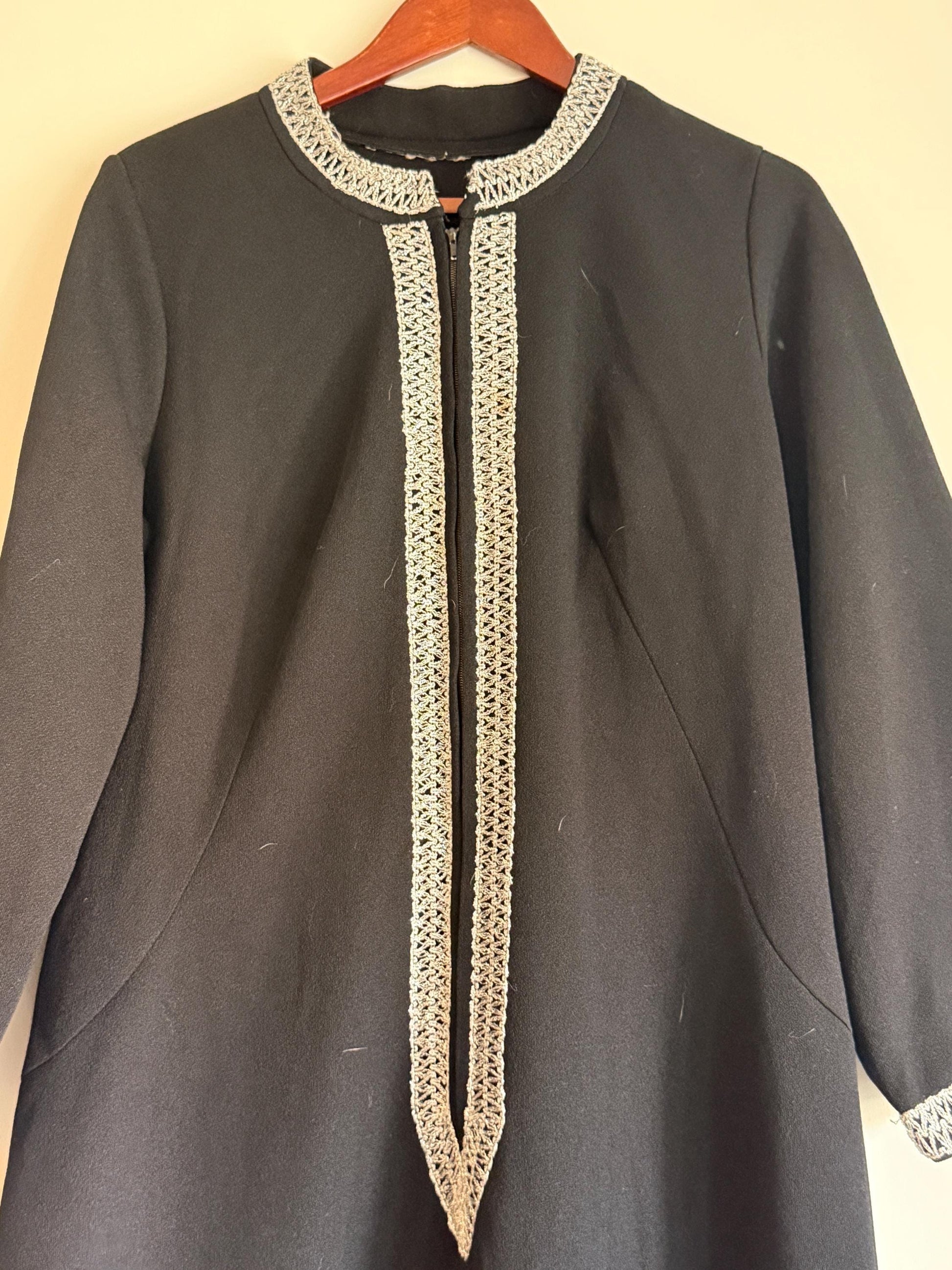 Vintage 1960s 1970s Black Maxi Dress | Silver Braid Trim Mod Evening Hostess Dress Kaftan