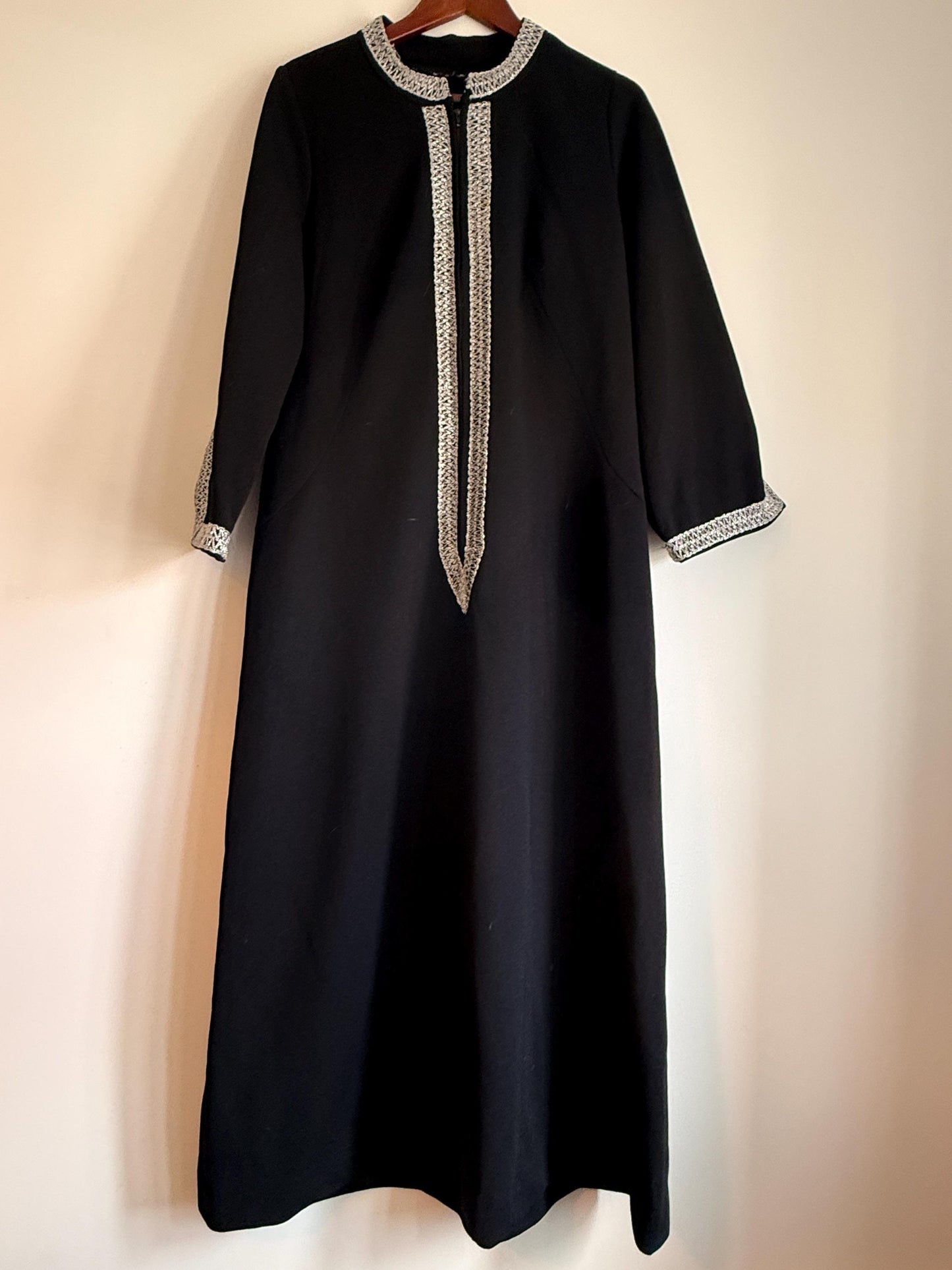 Vintage 1960s 1970s Black Maxi Dress | Silver Braid Trim Mod Evening Hostess Dress Kaftan