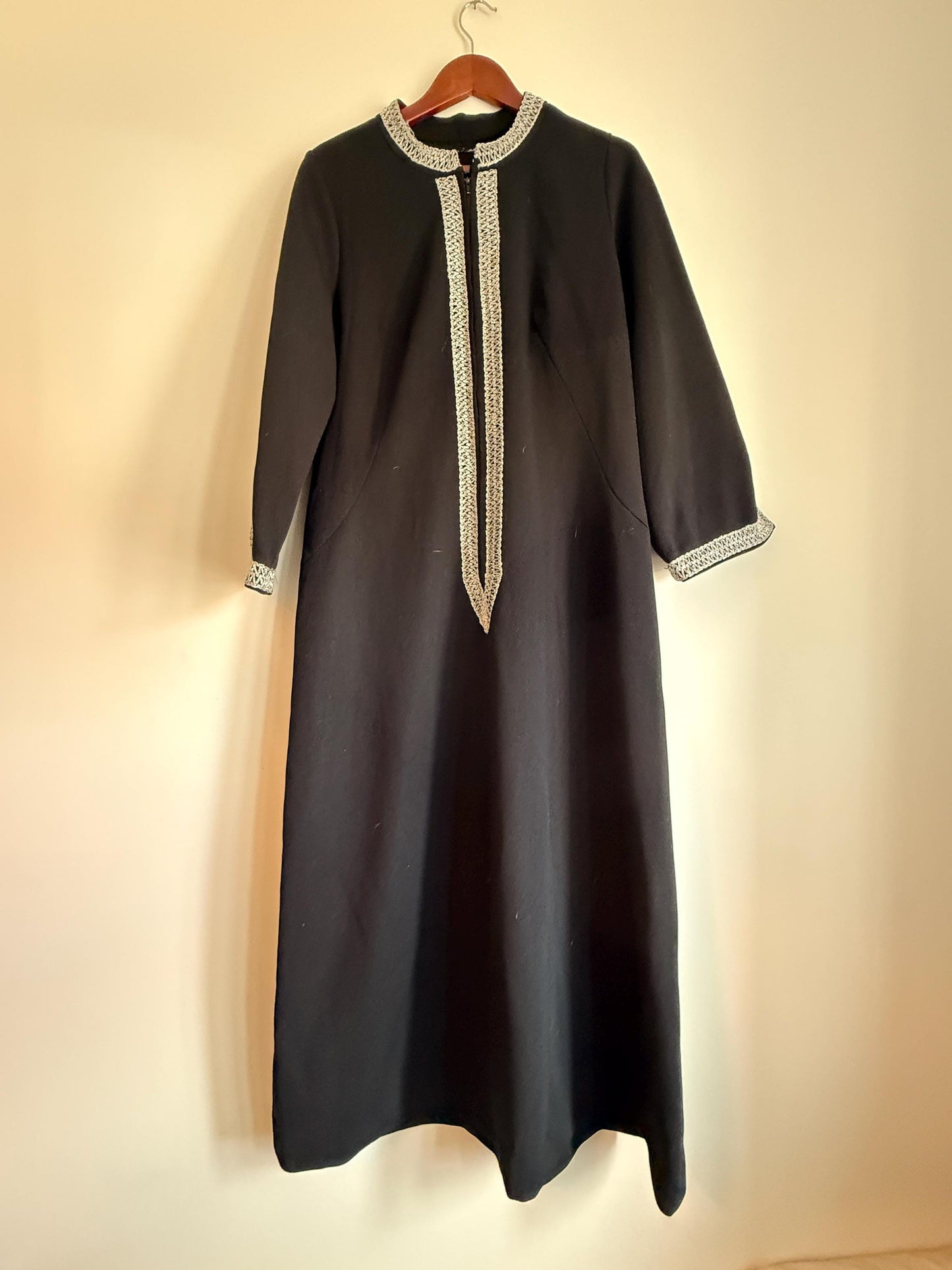 Vintage 1960s 1970s Black Maxi Dress | Silver Braid Trim Mod Evening Hostess Dress Kaftan