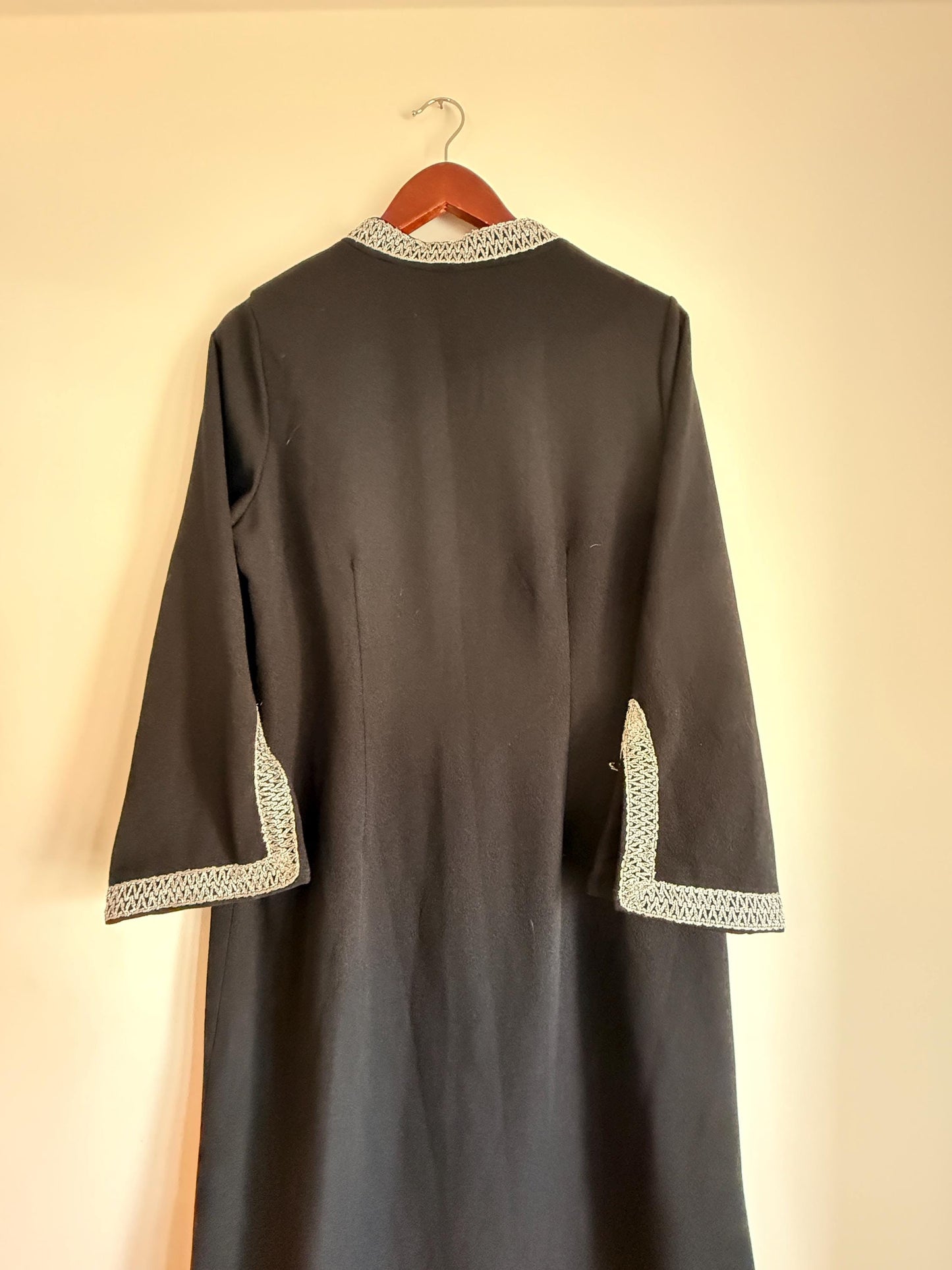 Vintage 1960s 1970s Black Maxi Dress | Silver Braid Trim Mod Evening Hostess Dress Kaftan