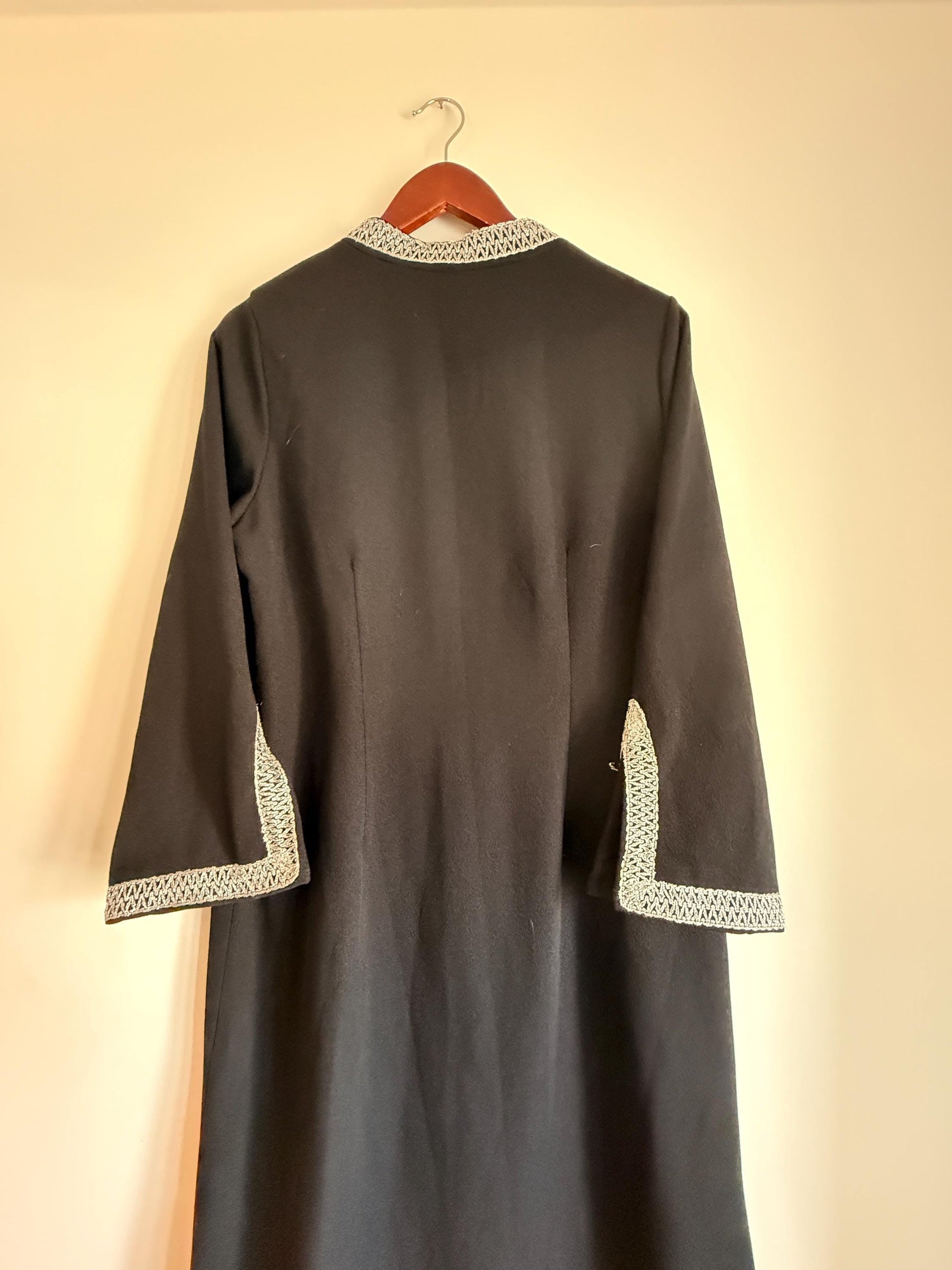 Vintage 1960s 1970s Black Maxi Dress | Silver Braid Trim Mod Evening Hostess Dress Kaftan