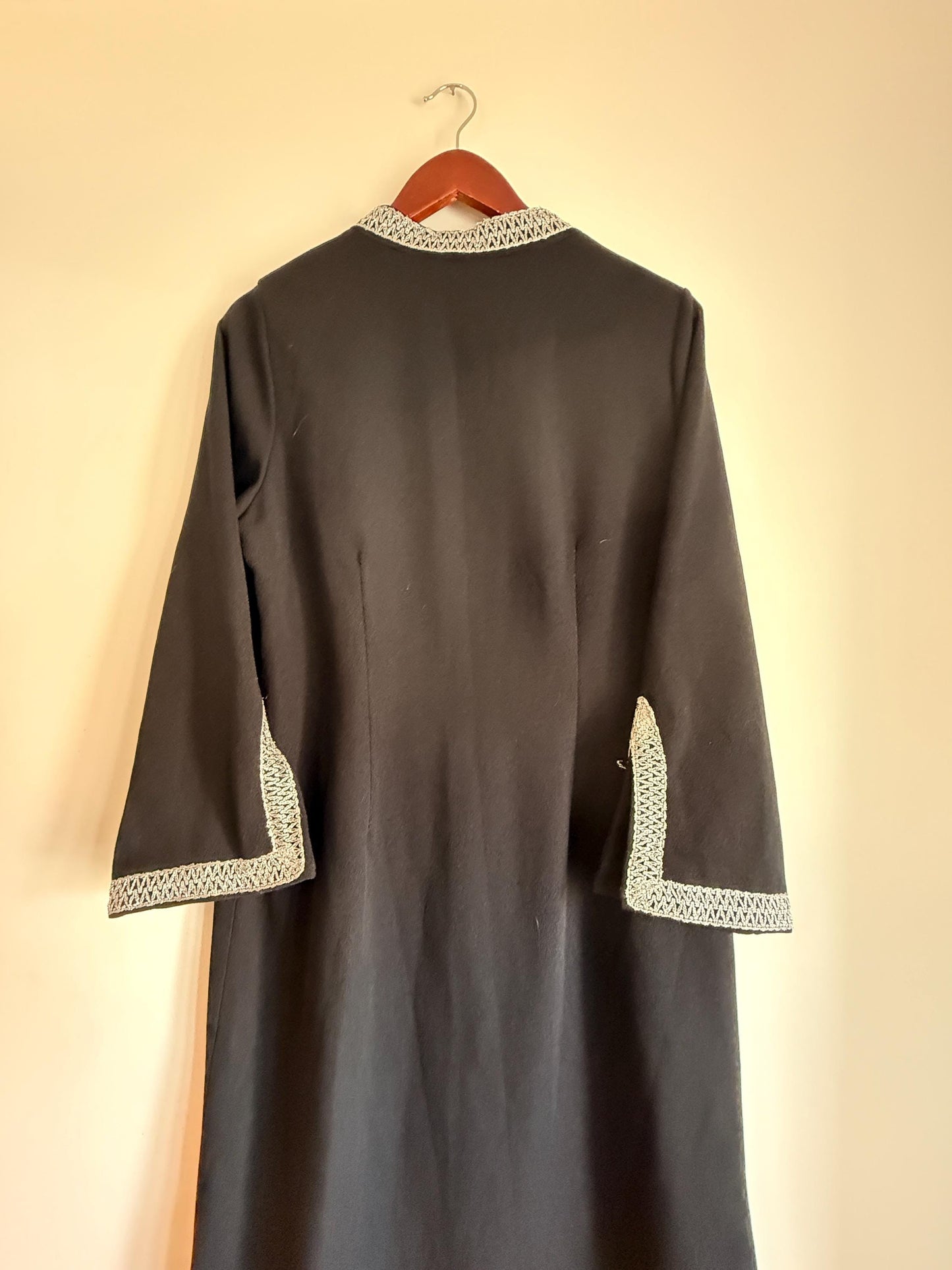 Vintage 1960s 1970s Black Maxi Dress | Silver Braid Trim Mod Evening Hostess Dress Kaftan