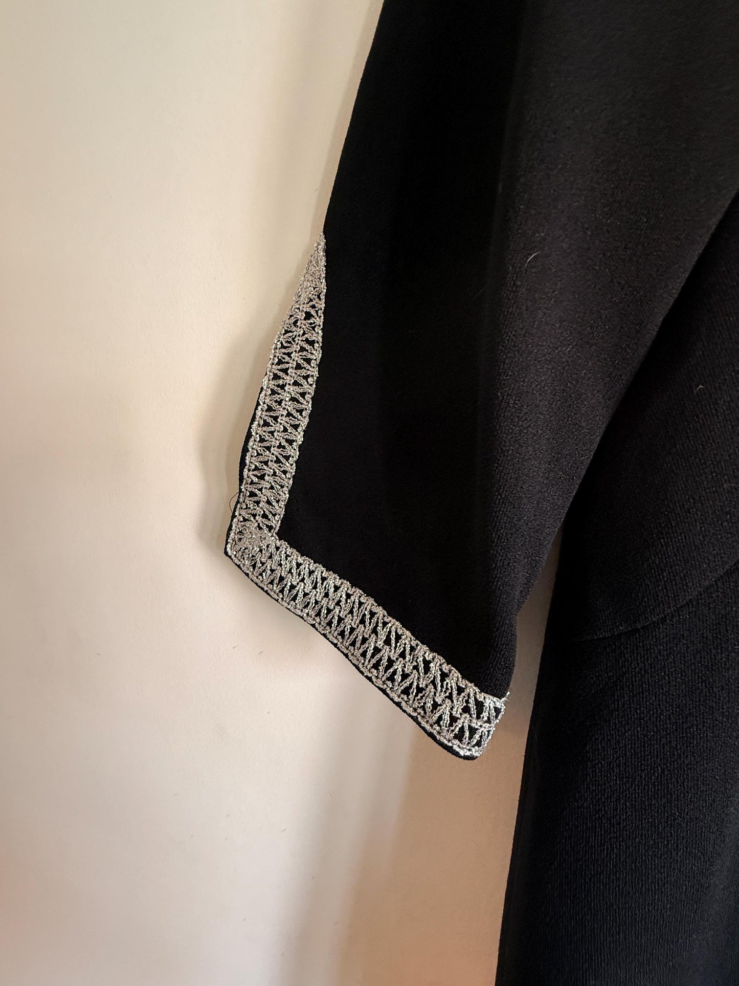 Vintage 1960s 1970s Black Maxi Dress | Silver Braid Trim Mod Evening Hostess Dress Kaftan
