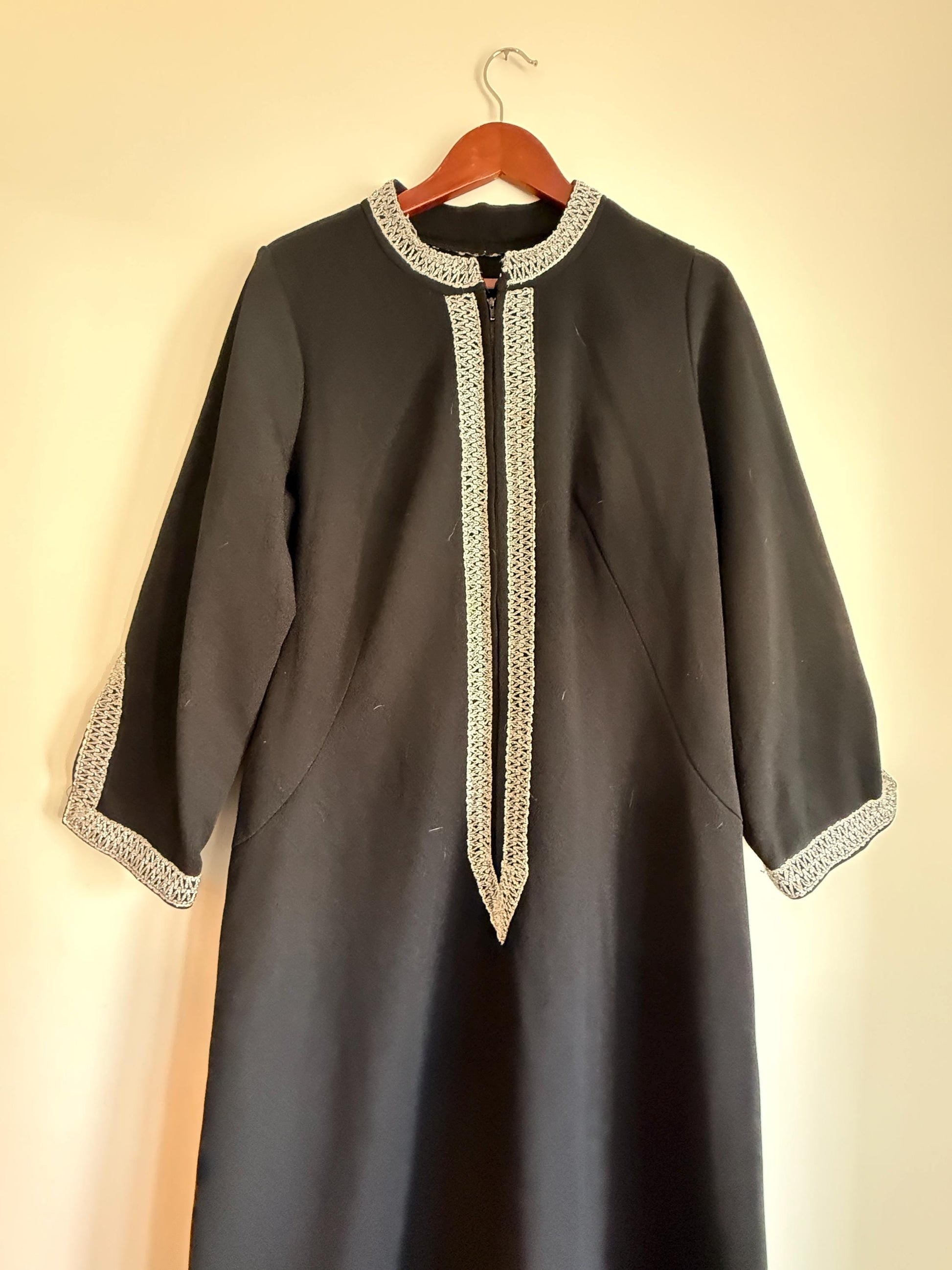 Vintage 1960s 1970s Black Maxi Dress | Silver Braid Trim Mod Evening Hostess Dress Kaftan