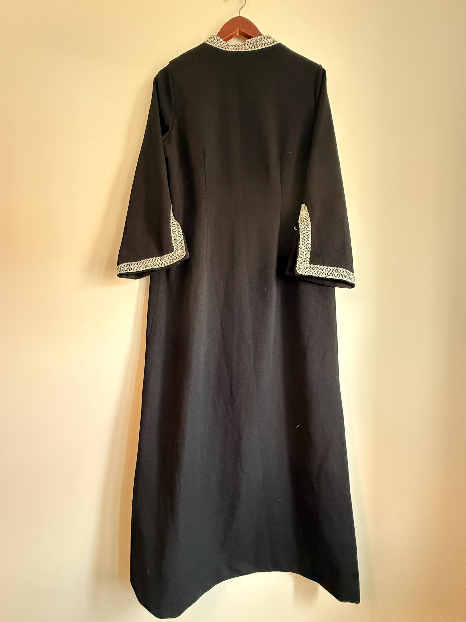 Vintage 1960s 1970s Black Maxi Dress | Silver Braid Trim Mod Evening Hostess Dress Kaftan