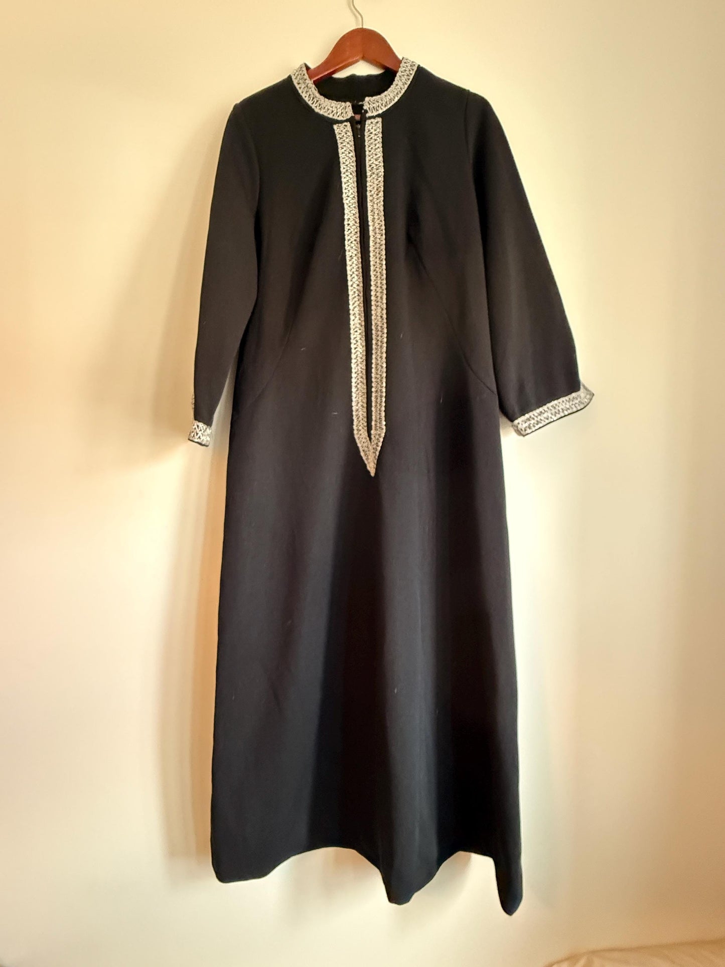Vintage 1960s 1970s Black Maxi Dress | Silver Braid Trim Mod Evening Hostess Dress Kaftan