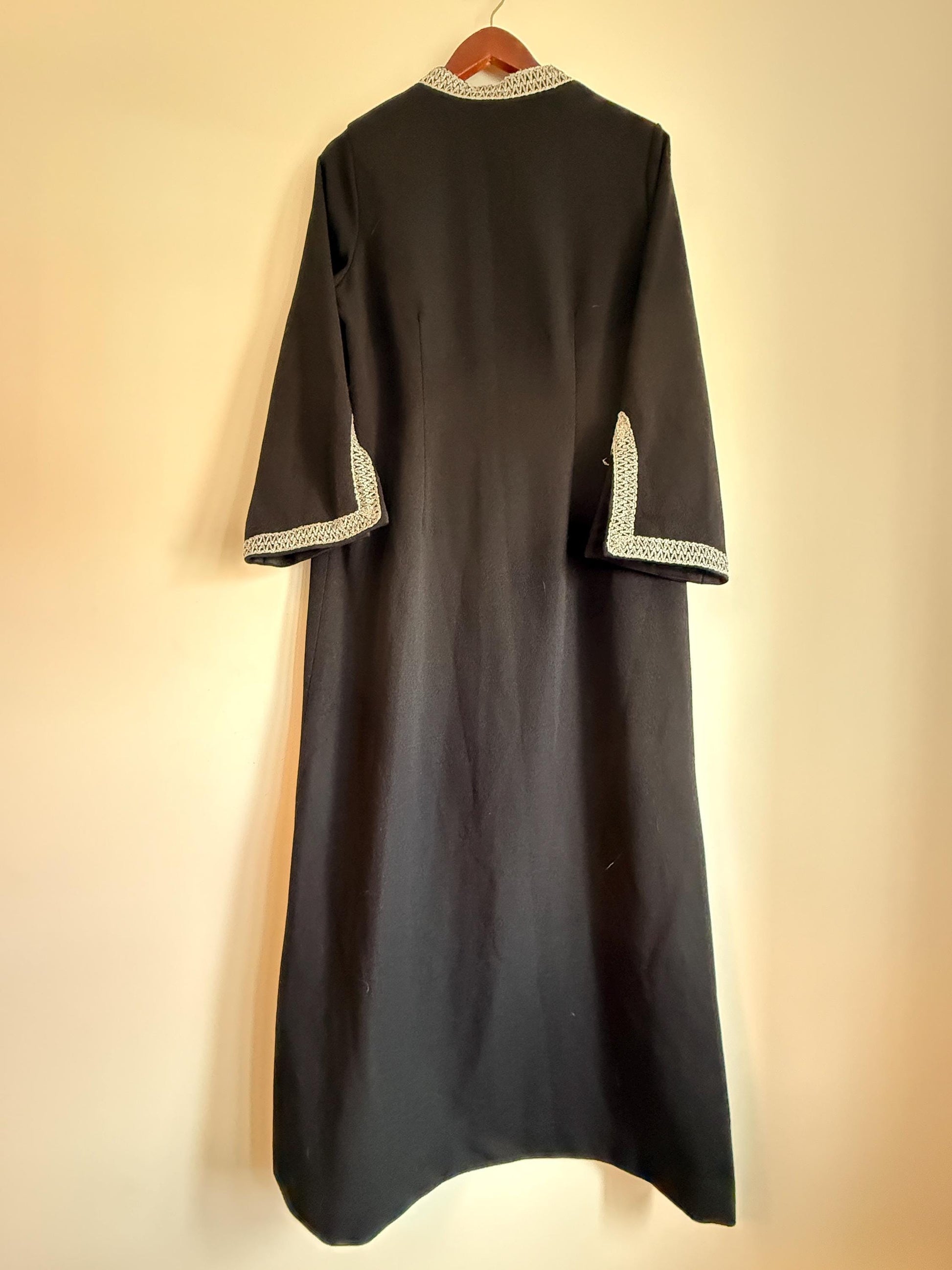 Vintage 1960s 1970s Black Maxi Dress | Silver Braid Trim Mod Evening Hostess Dress Kaftan