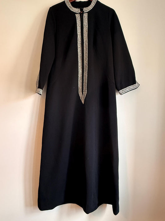 Vintage 1960s 1970s Black Maxi Dress | Silver Braid Trim Mod Evening Hostess Dress Kaftan