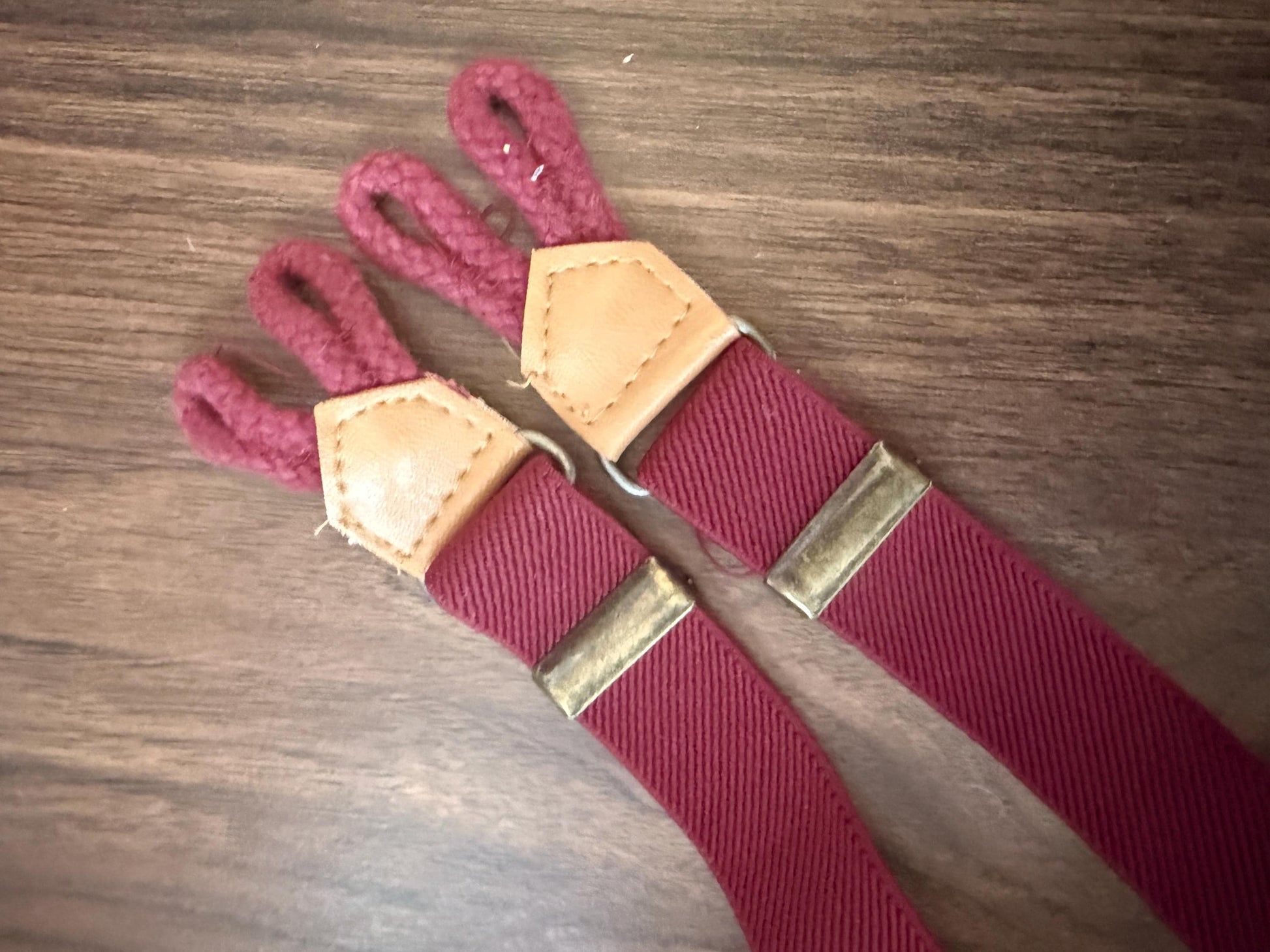 Vintage 1960s 70s Burgundy Men's Button Braces – Leather Trim Traditional Trouser Suspenders