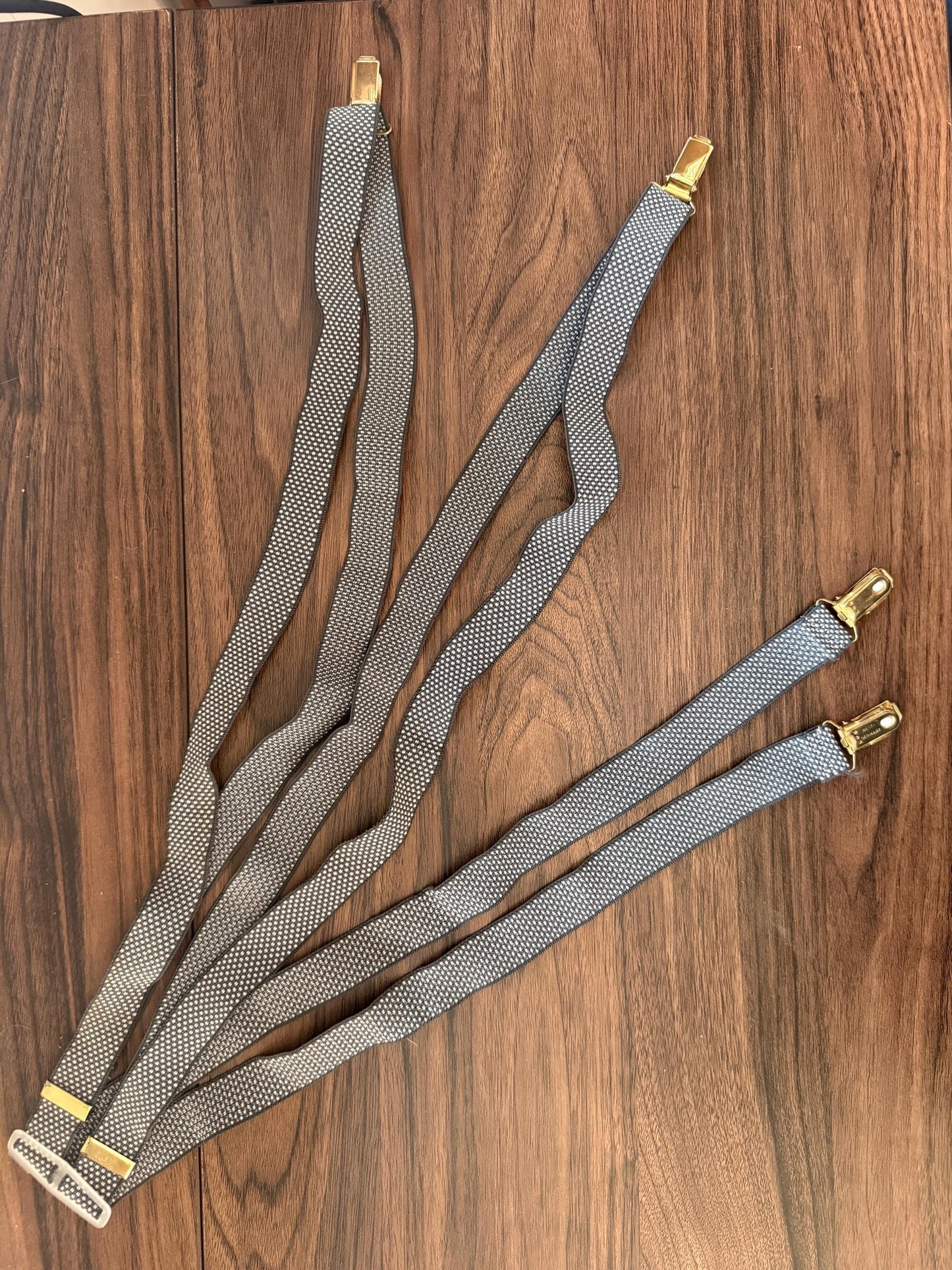 Vintage 1960s 70s West German Men's Braces – Grey Woven Gold Tone Clip Suspenders