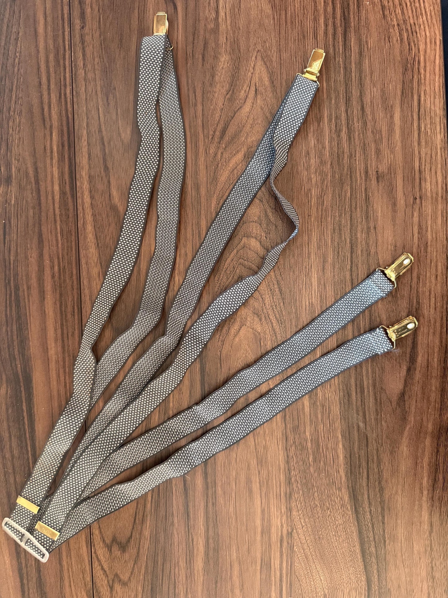 Vintage 1960s 70s West German Men's Braces – Grey Woven Gold Tone Clip Suspenders