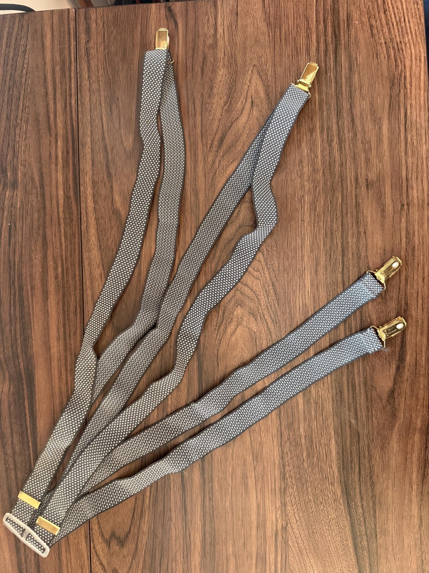 Vintage 1960s 70s West German Men's Braces – Grey Woven Gold Tone Clip Suspenders