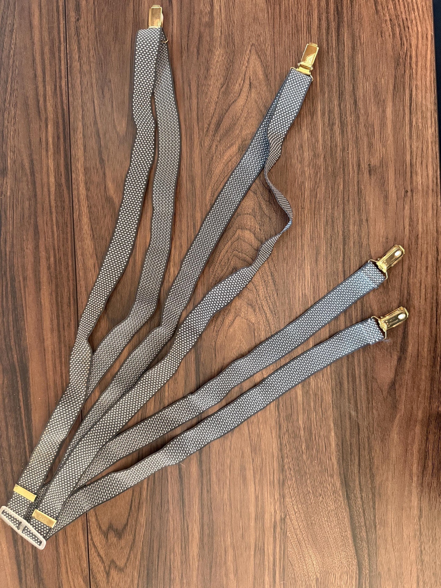 Vintage 1960s 70s West German Men's Braces – Grey Woven Gold Tone Clip Suspenders