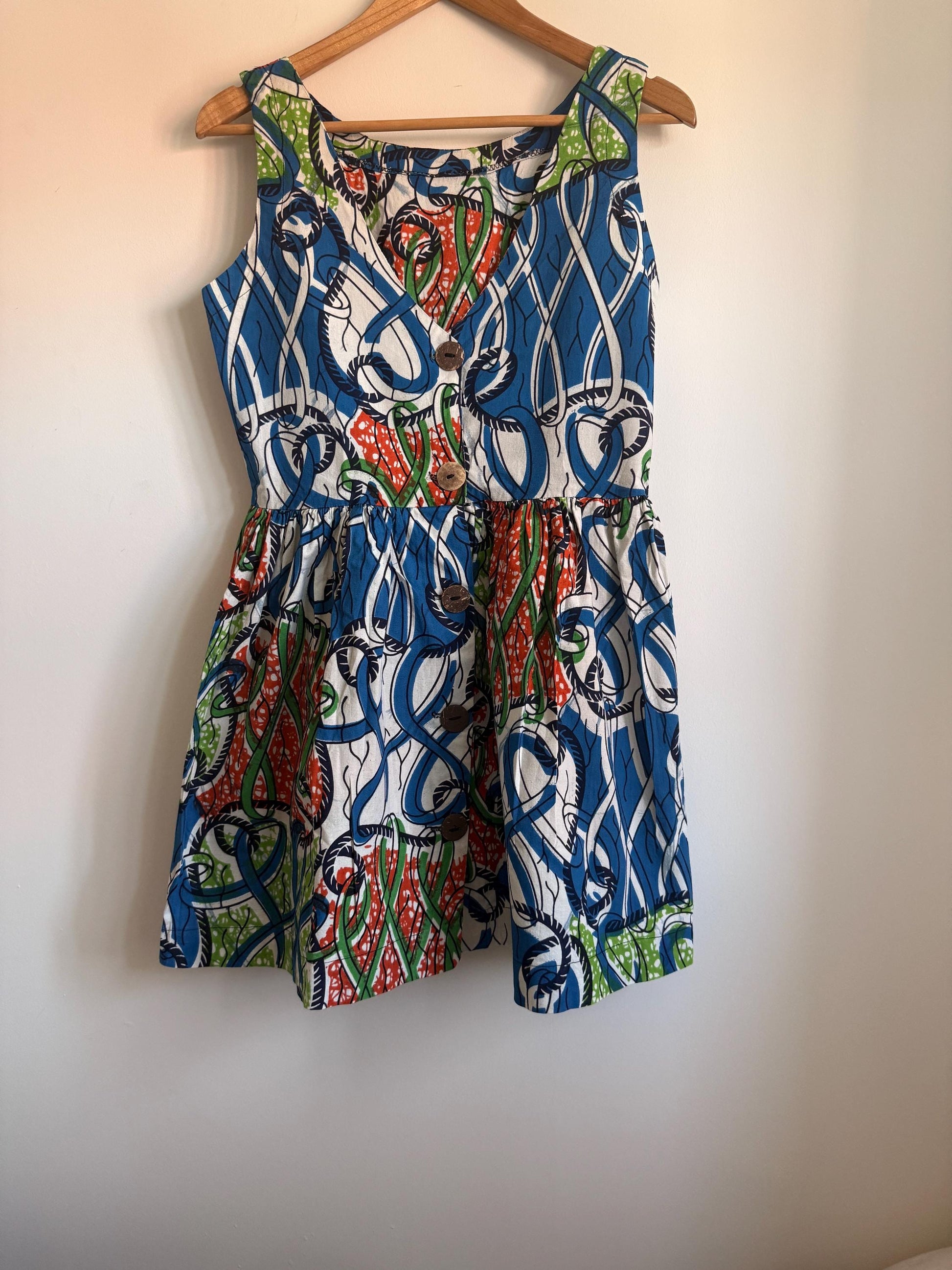 Vintage 1960s Abstract Print Mini Dress Cotton Sleeveless Dress Psychedelic Blue Green Orange Shift Dress Retro Festival Dress UK 10-12