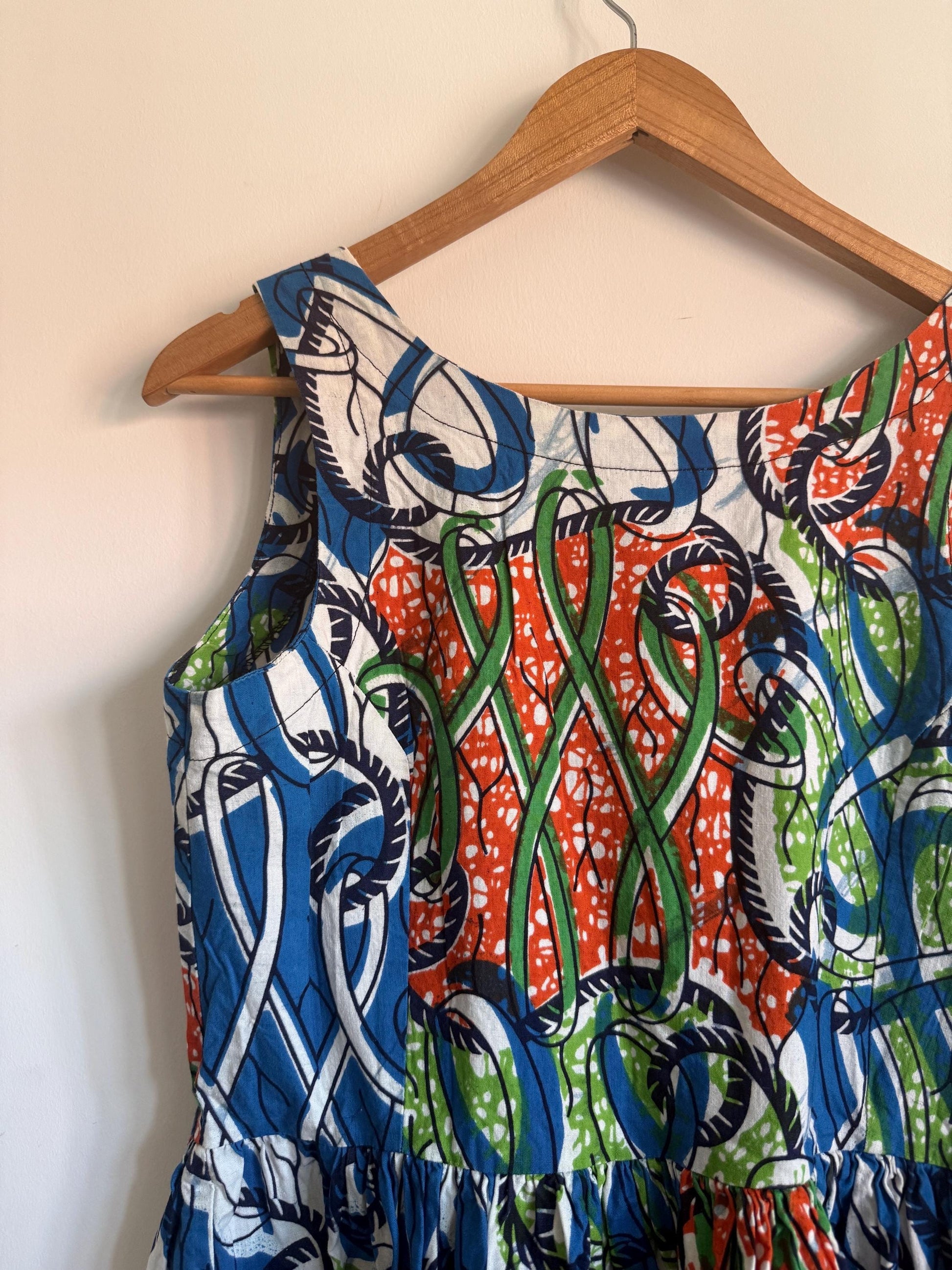 Vintage 1960s Abstract Print Mini Dress Cotton Sleeveless Dress Psychedelic Blue Green Orange Shift Dress Retro Festival Dress UK 10-12
