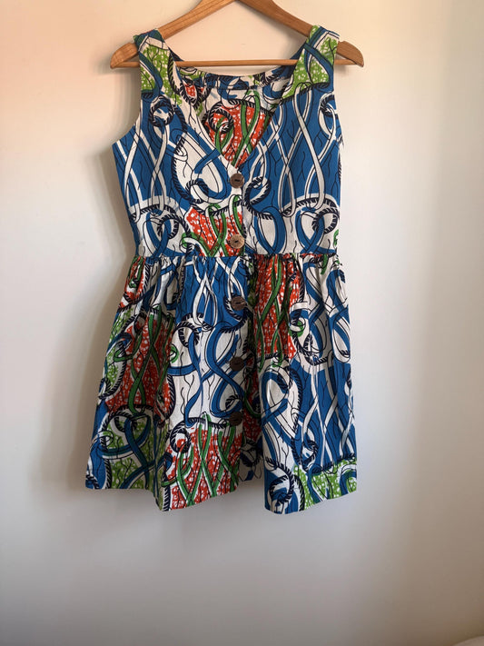Vintage 1960s Abstract Print Mini Dress Cotton Sleeveless Dress Psychedelic Blue Green Orange Shift Dress Retro Festival Dress UK 10-12