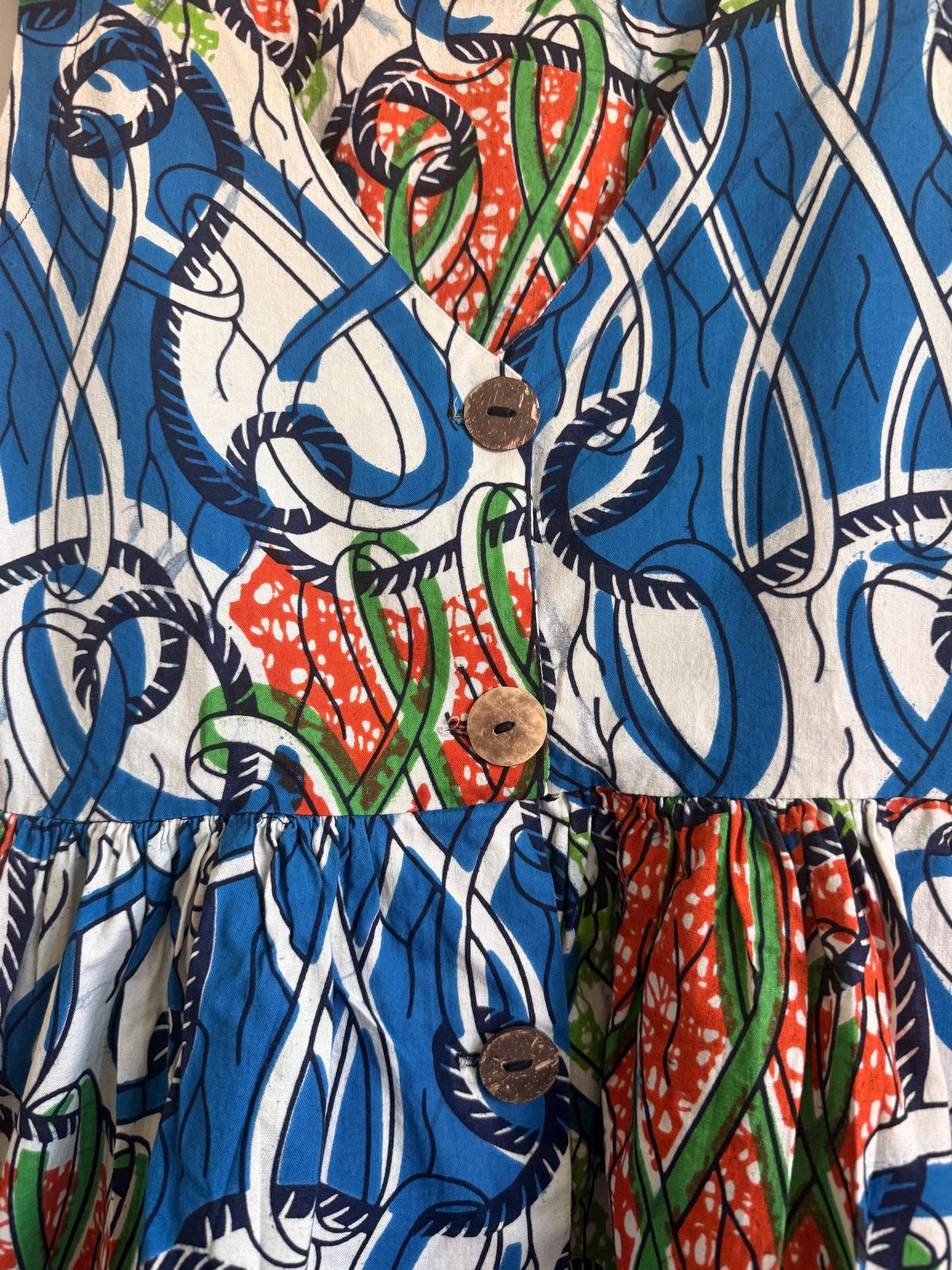 Vintage 1960s Abstract Print Mini Dress Cotton Sleeveless Dress Psychedelic Blue Green Orange Shift Dress Retro Festival Dress UK 10-12