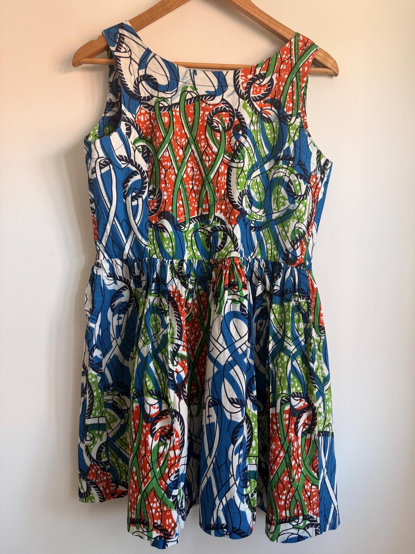 Vintage 1960s Abstract Print Mini Dress Cotton Sleeveless Dress Psychedelic Blue Green Orange Shift Dress Retro Festival Dress UK 10-12