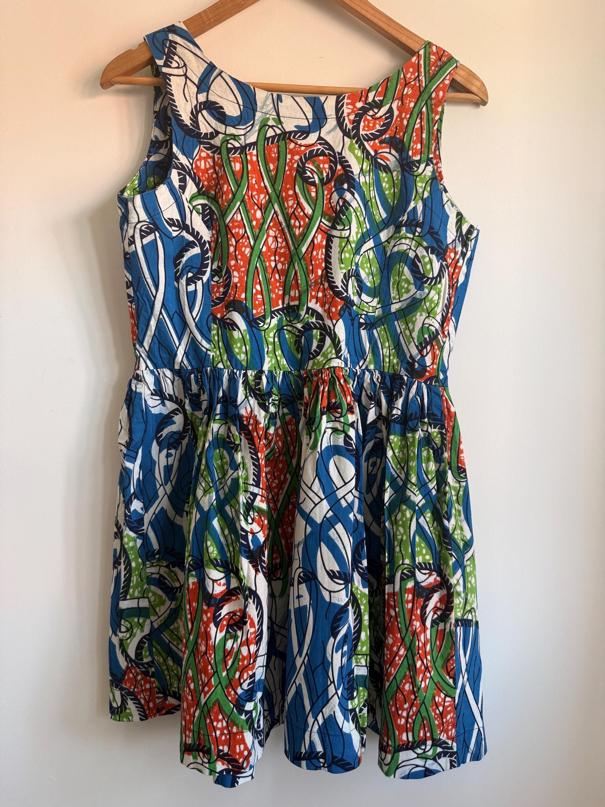 Vintage 1960s Abstract Print Mini Dress Cotton Sleeveless Dress Psychedelic Blue Green Orange Shift Dress Retro Festival Dress UK 10-12