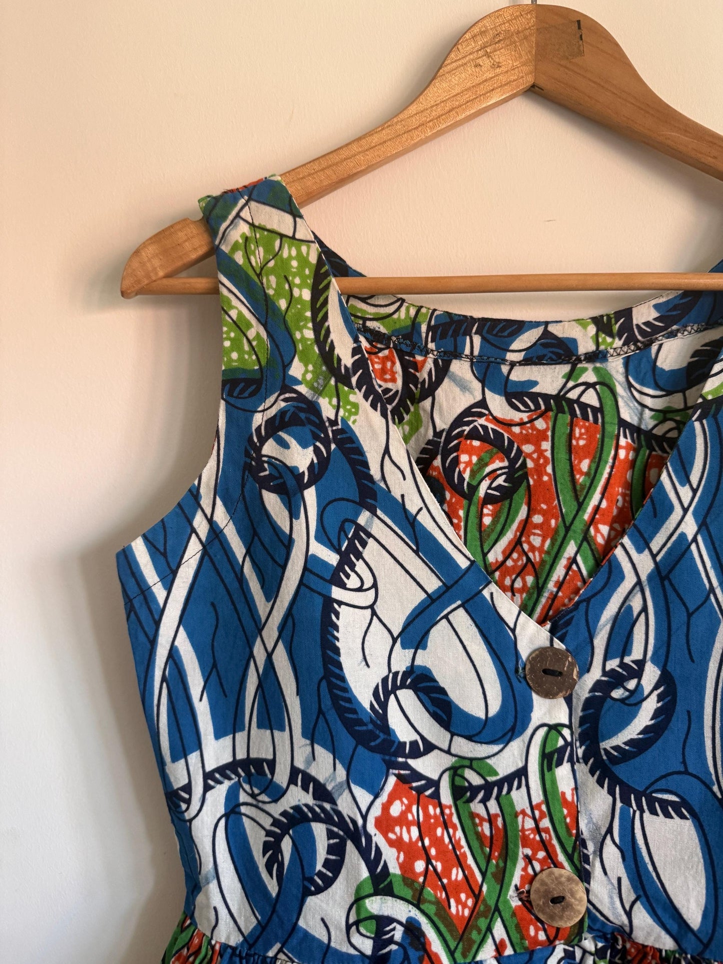 Vintage 1960s Abstract Print Mini Dress Cotton Sleeveless Dress Psychedelic Blue Green Orange Shift Dress Retro Festival Dress UK 10-12