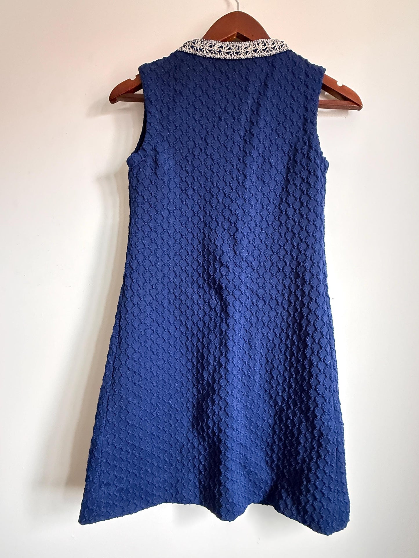 Vintage 1960s Blue Monsanto Nylon Long Waistcoat | Silver Braid Mod Tunic Vest Blue Monsanto Nylon Longline Waistcoat