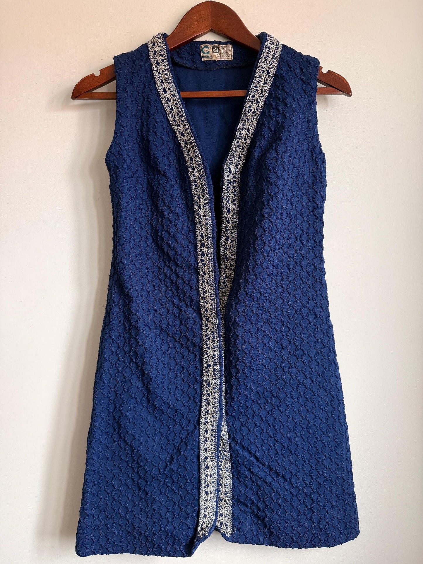 Vintage 1960s Blue Monsanto Nylon Long Waistcoat | Silver Braid Mod Tunic Vest Blue Monsanto Nylon Longline Waistcoat