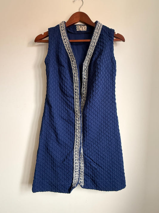 Vintage 1960s Blue Monsanto Nylon Long Waistcoat | Silver Braid Mod Tunic Vest Blue Monsanto Nylon Longline Waistcoat