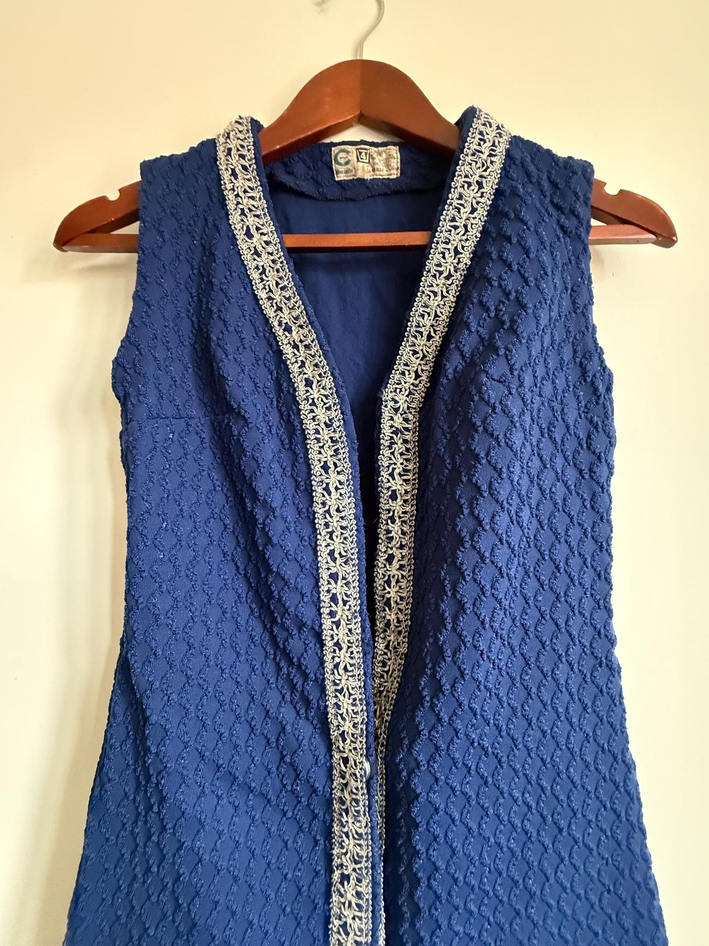 Vintage 1960s Blue Monsanto Nylon Long Waistcoat | Silver Braid Mod Tunic Vest Blue Monsanto Nylon Longline Waistcoat