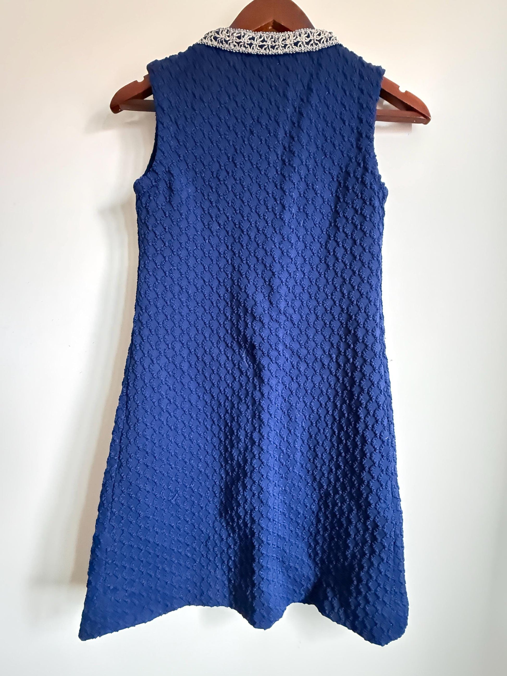 Vintage 1960s Blue Monsanto Nylon Long Waistcoat | Silver Braid Mod Tunic Vest Blue Monsanto Nylon Longline Waistcoat