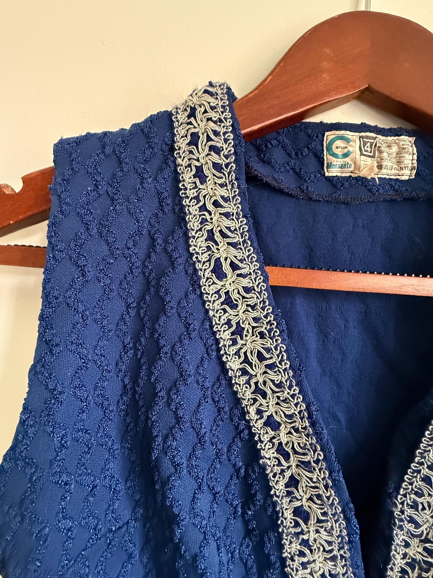 Vintage 1960s Blue Monsanto Nylon Long Waistcoat | Silver Braid Mod Tunic Vest Blue Monsanto Nylon Longline Waistcoat