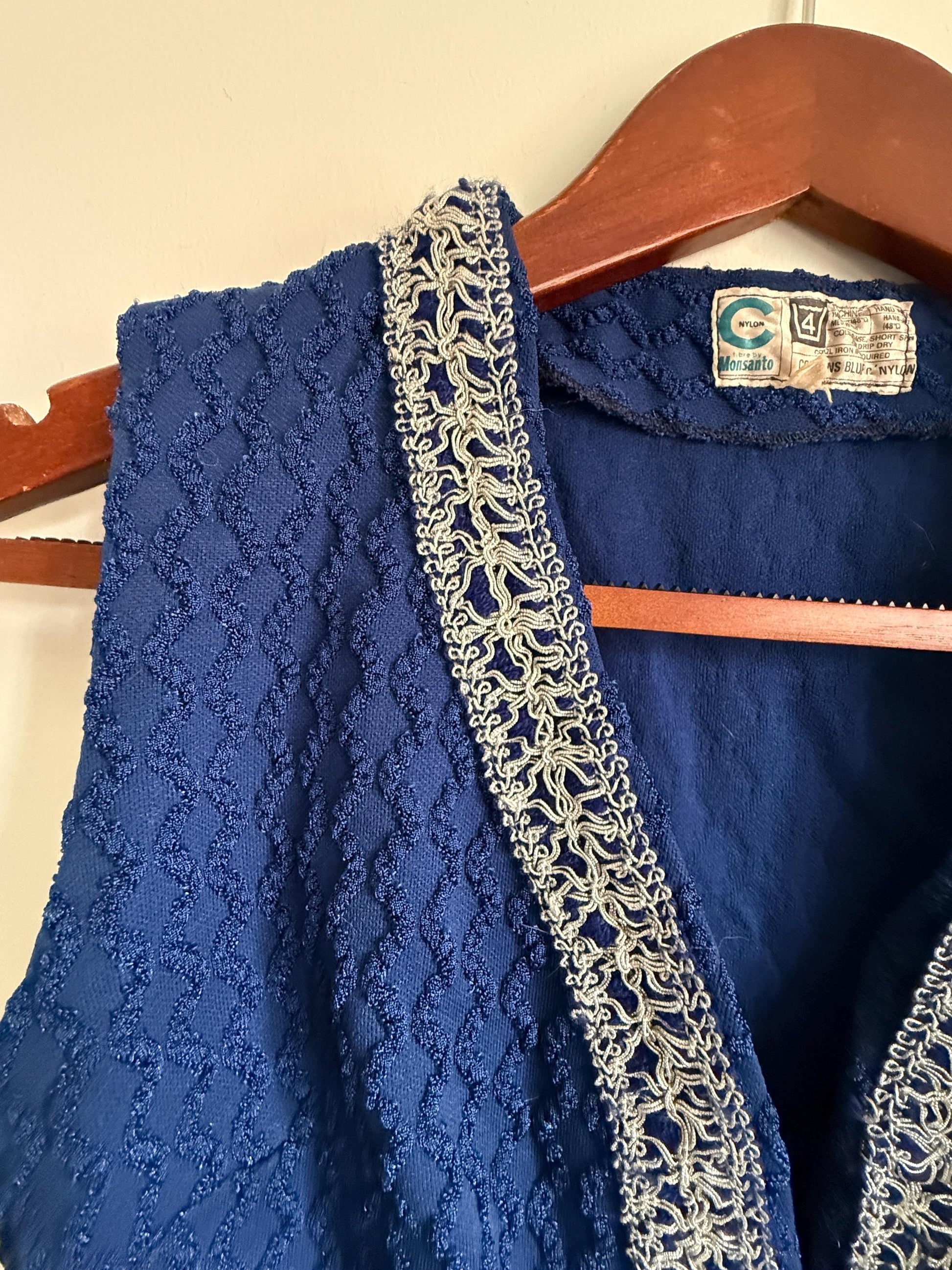 Vintage 1960s Blue Monsanto Nylon Long Waistcoat | Silver Braid Mod Tunic Vest Blue Monsanto Nylon Longline Waistcoat