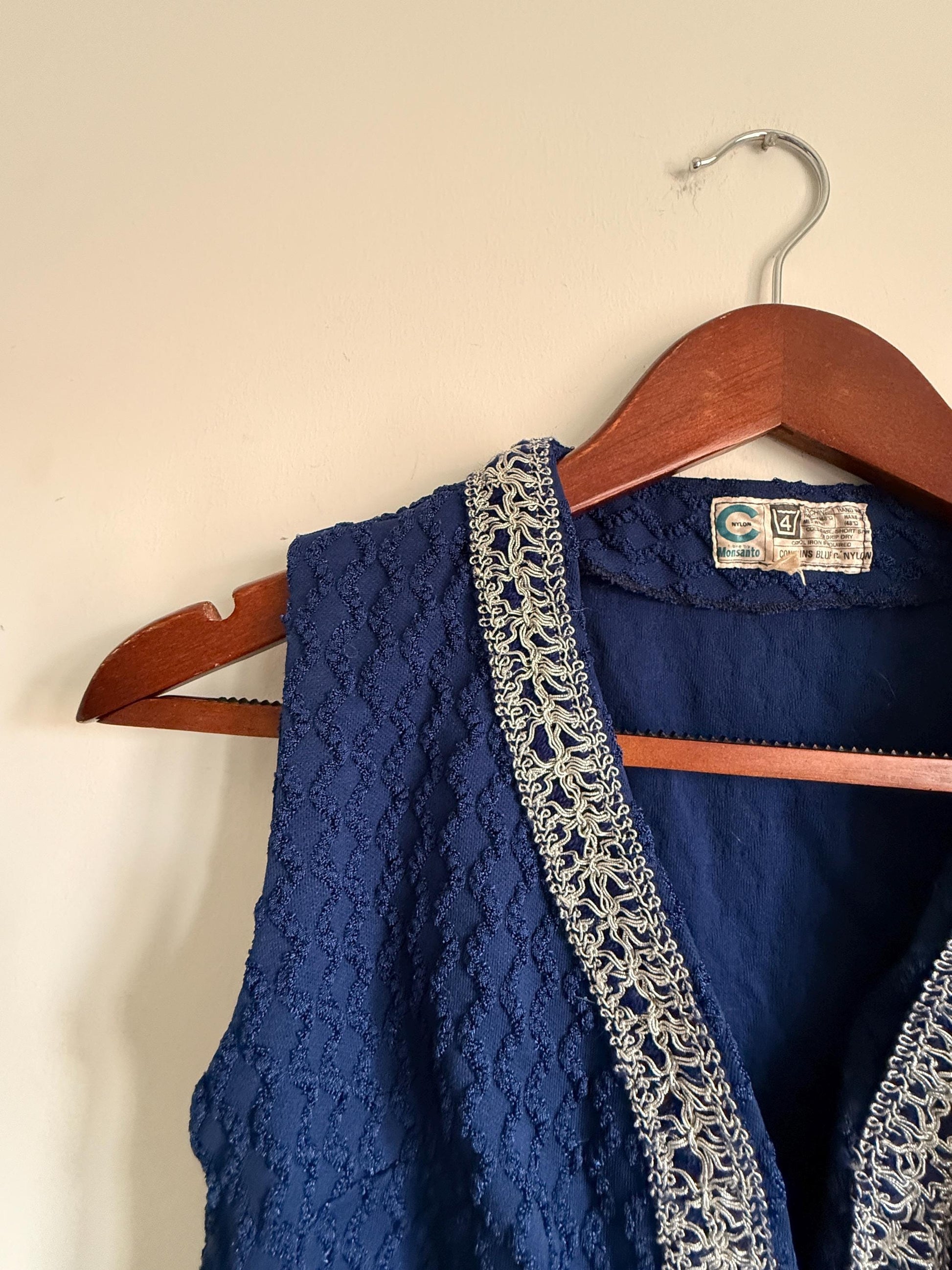 Vintage 1960s Blue Monsanto Nylon Long Waistcoat | Silver Braid Mod Tunic Vest Blue Monsanto Nylon Longline Waistcoat