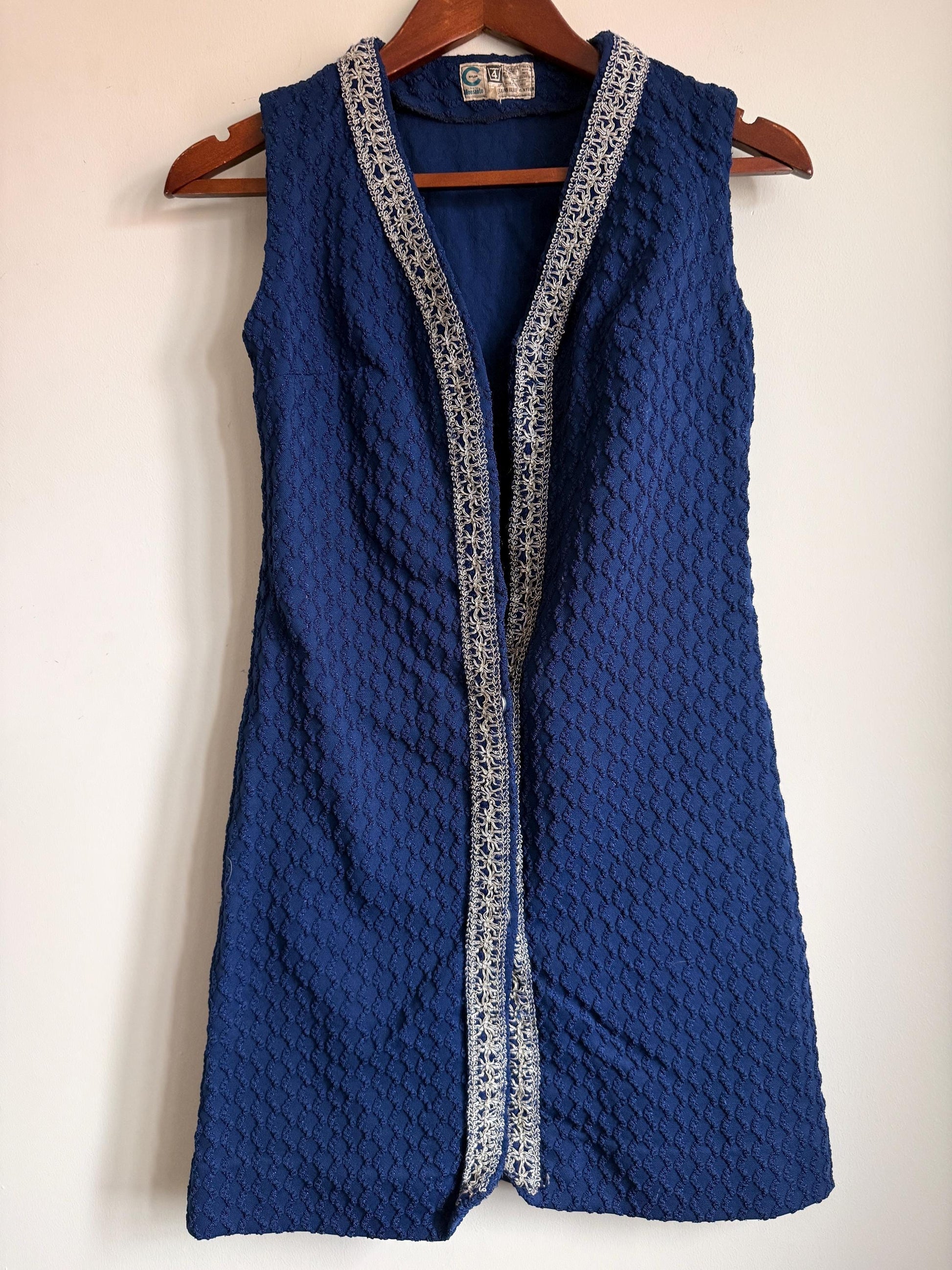 Vintage 1960s Blue Monsanto Nylon Long Waistcoat | Silver Braid Mod Tunic Vest Blue Monsanto Nylon Longline Waistcoat