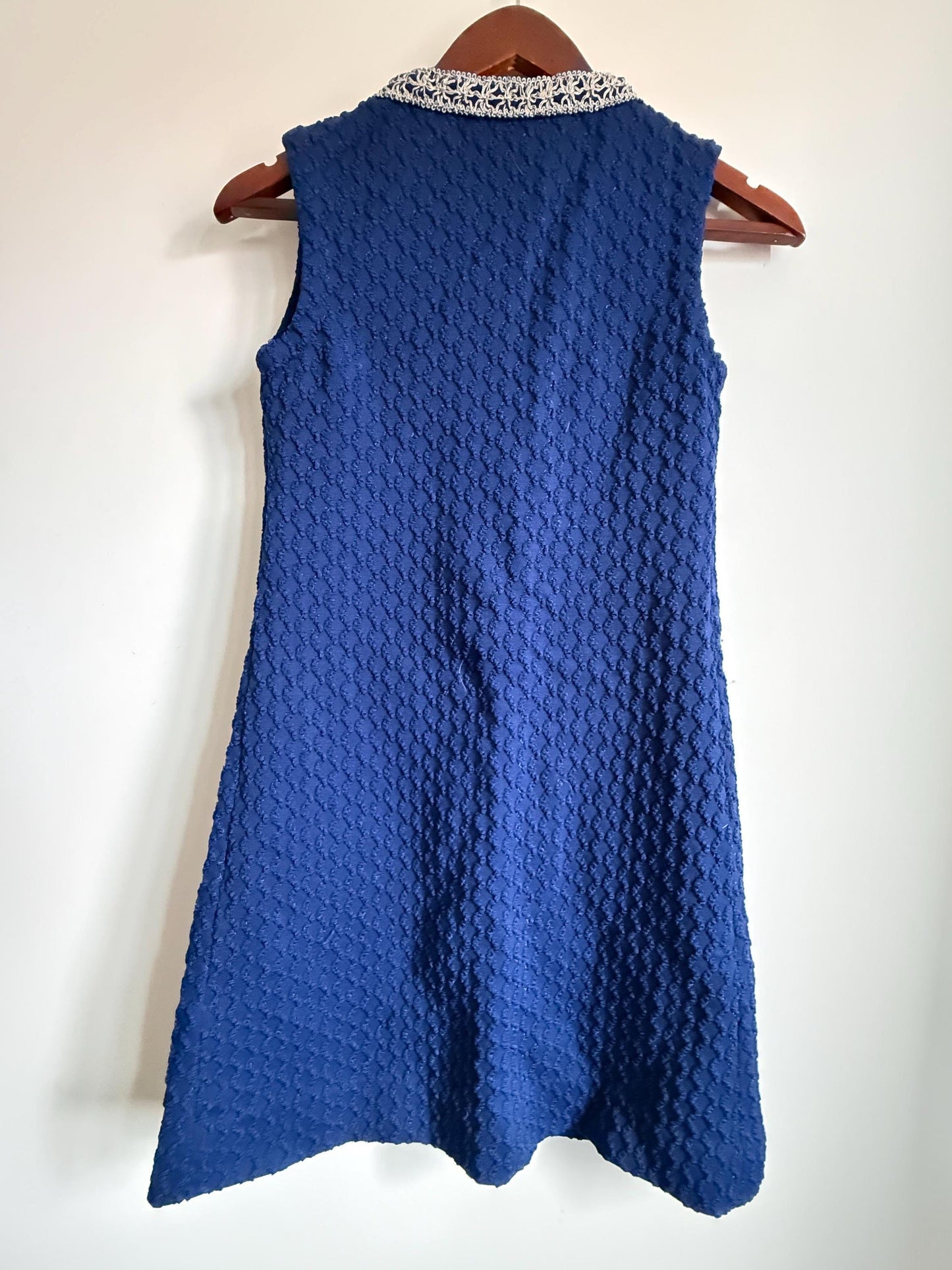 Vintage 1960s Blue Monsanto Nylon Long Waistcoat | Silver Braid Mod Tunic Vest Blue Monsanto Nylon Longline Waistcoat