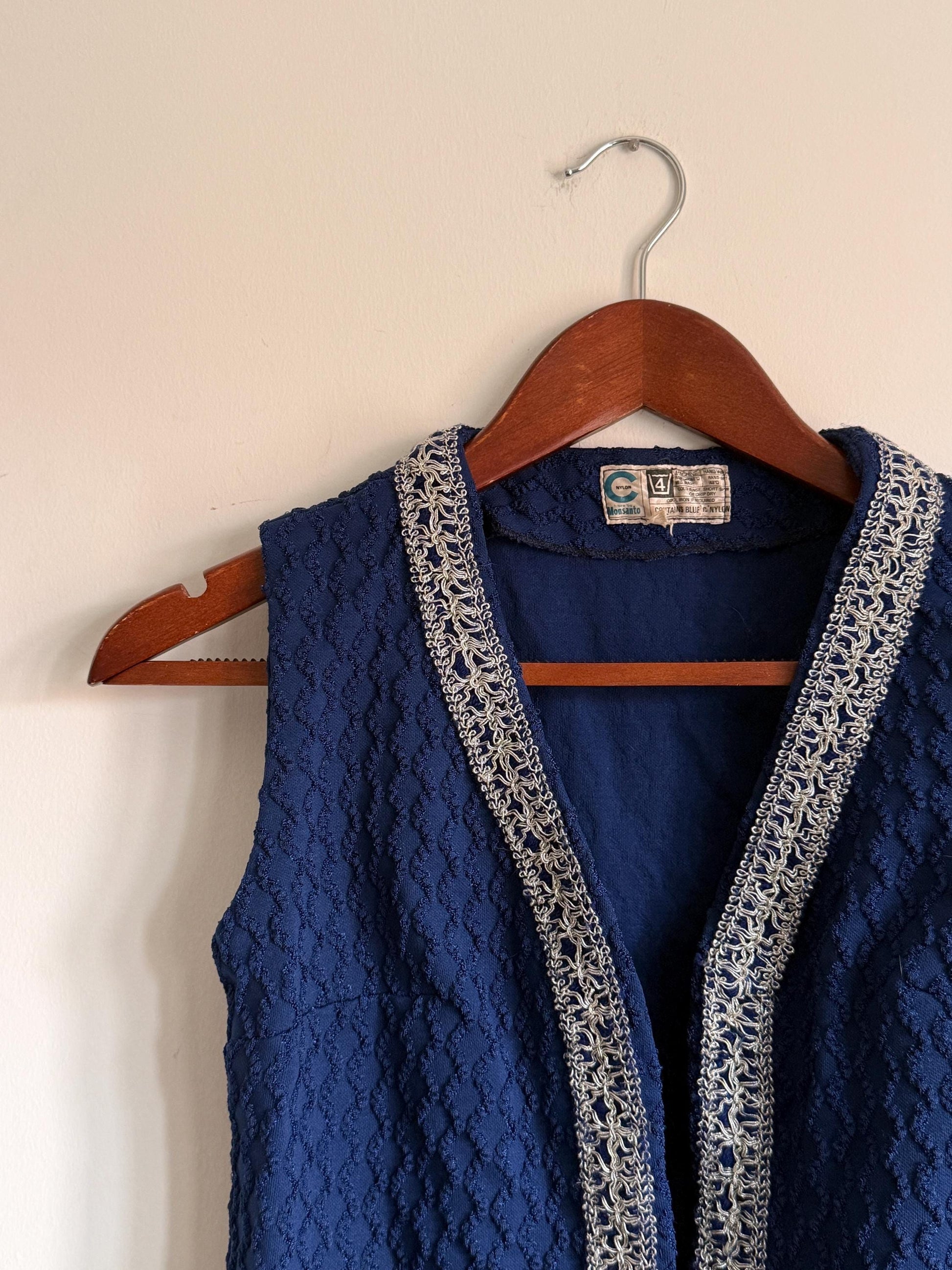 Vintage 1960s Blue Monsanto Nylon Long Waistcoat | Silver Braid Mod Tunic Vest Blue Monsanto Nylon Longline Waistcoat