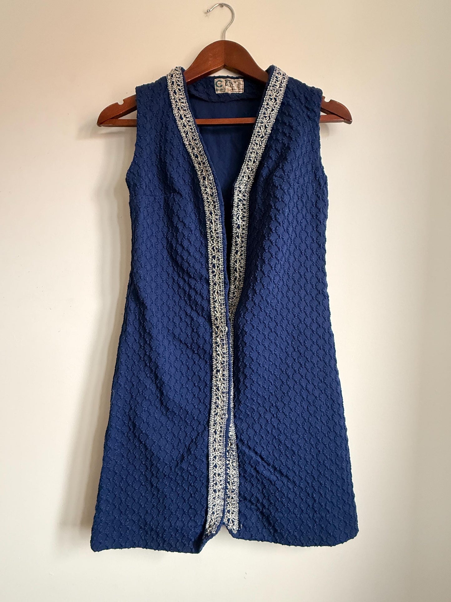 Vintage 1960s Blue Monsanto Nylon Long Waistcoat | Silver Braid Mod Tunic Vest Blue Monsanto Nylon Longline Waistcoat