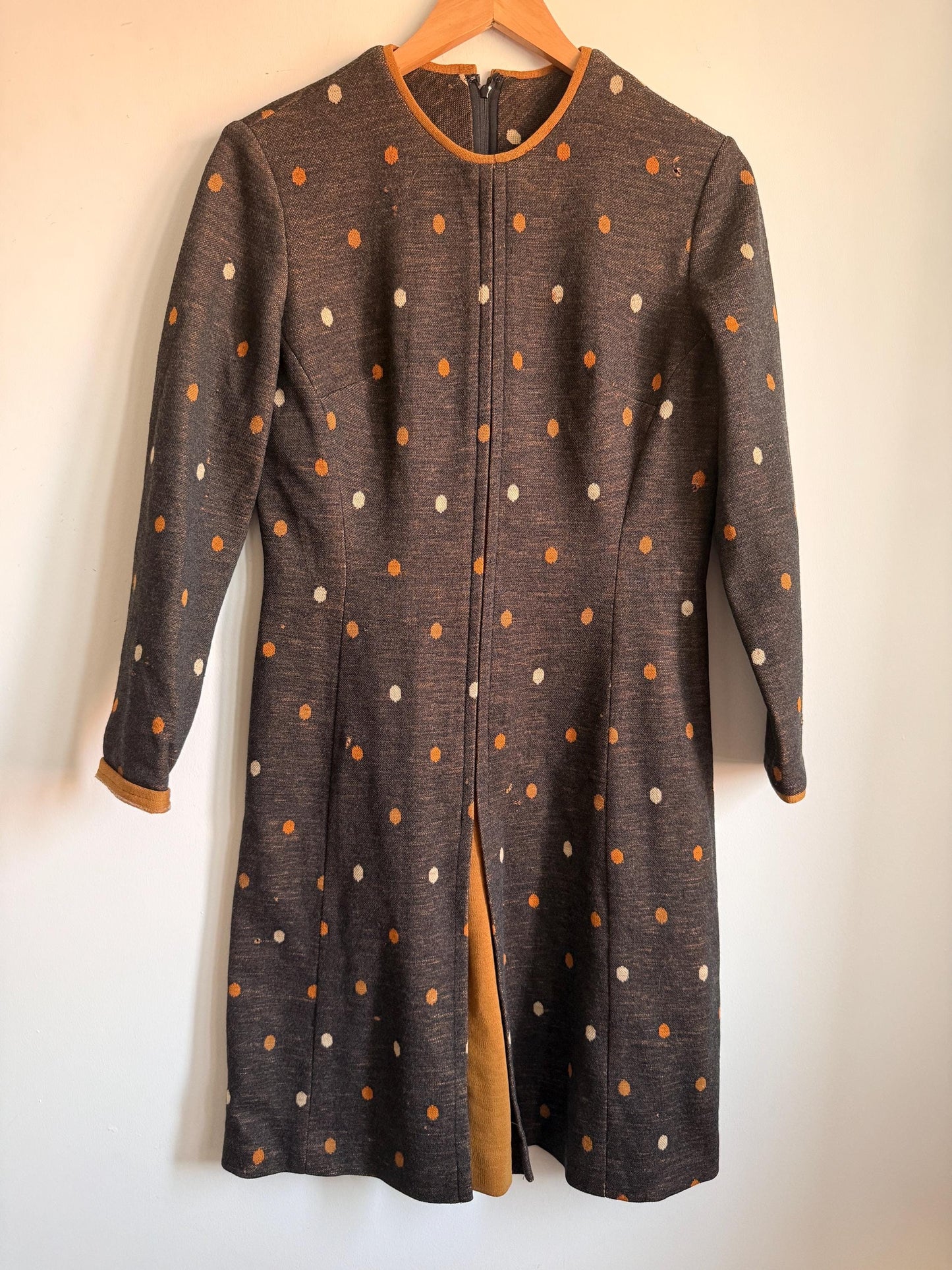 Vintage 1960s Carnegie of London Pure Wool Polka Dot Mod Dress UK 14